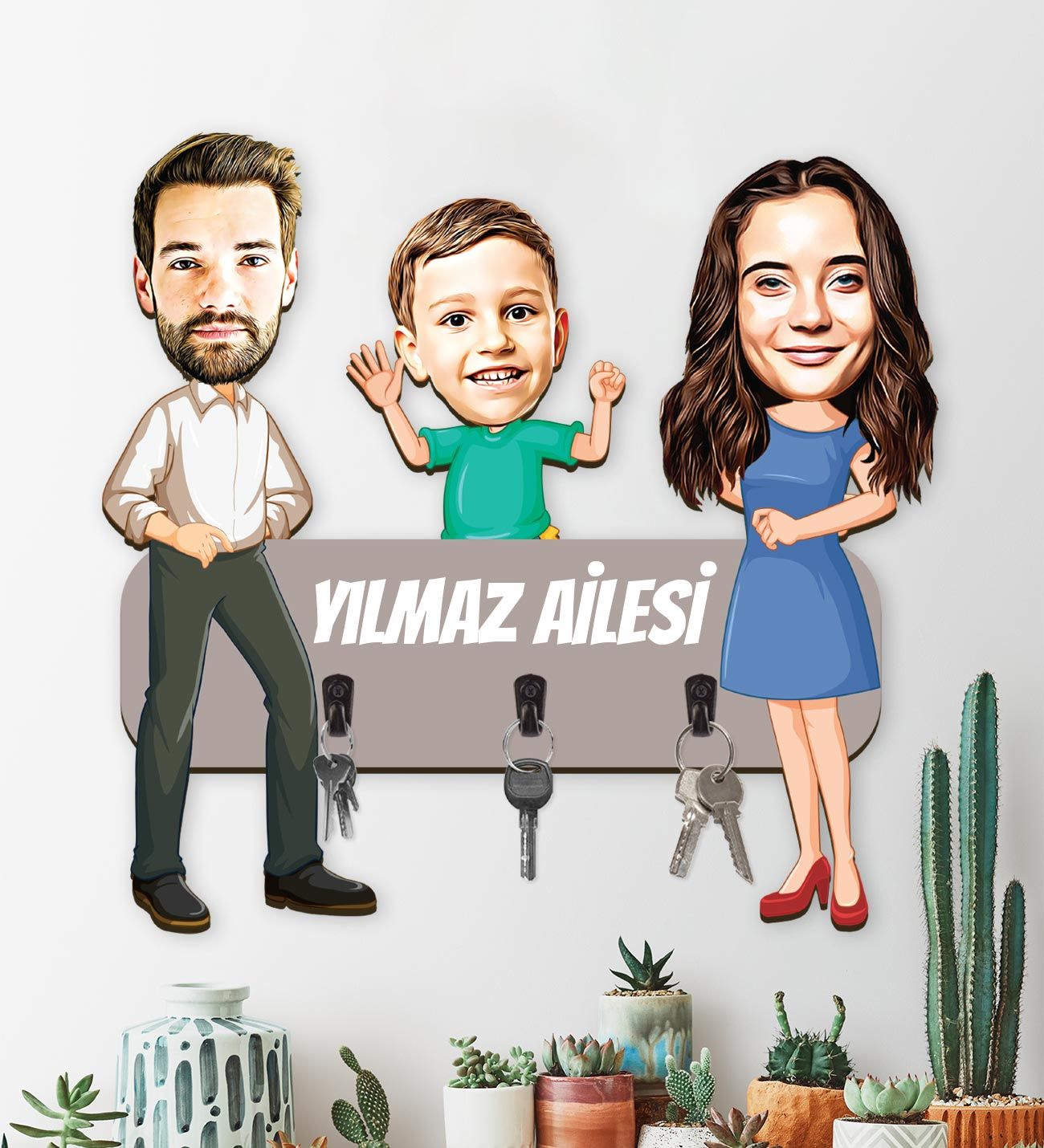 eJOYA Kişiye Özel Karikatür Fotoğraflı Aile Temalı Anahtarlık Askısı 113233