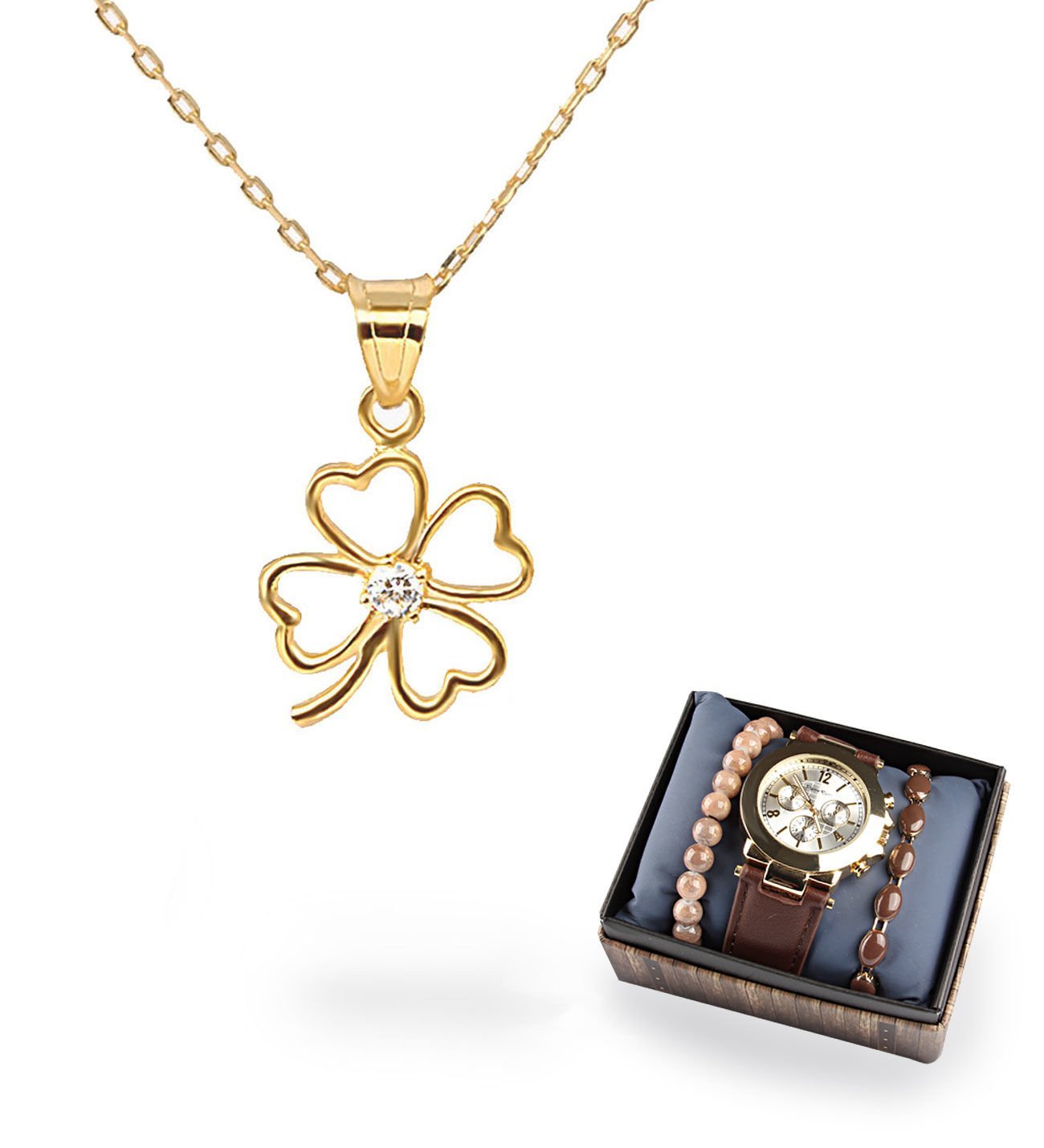 eJOYA Uğurlu Yonca Altın Kolye Ucu ve Hediye Saat Seti 77358