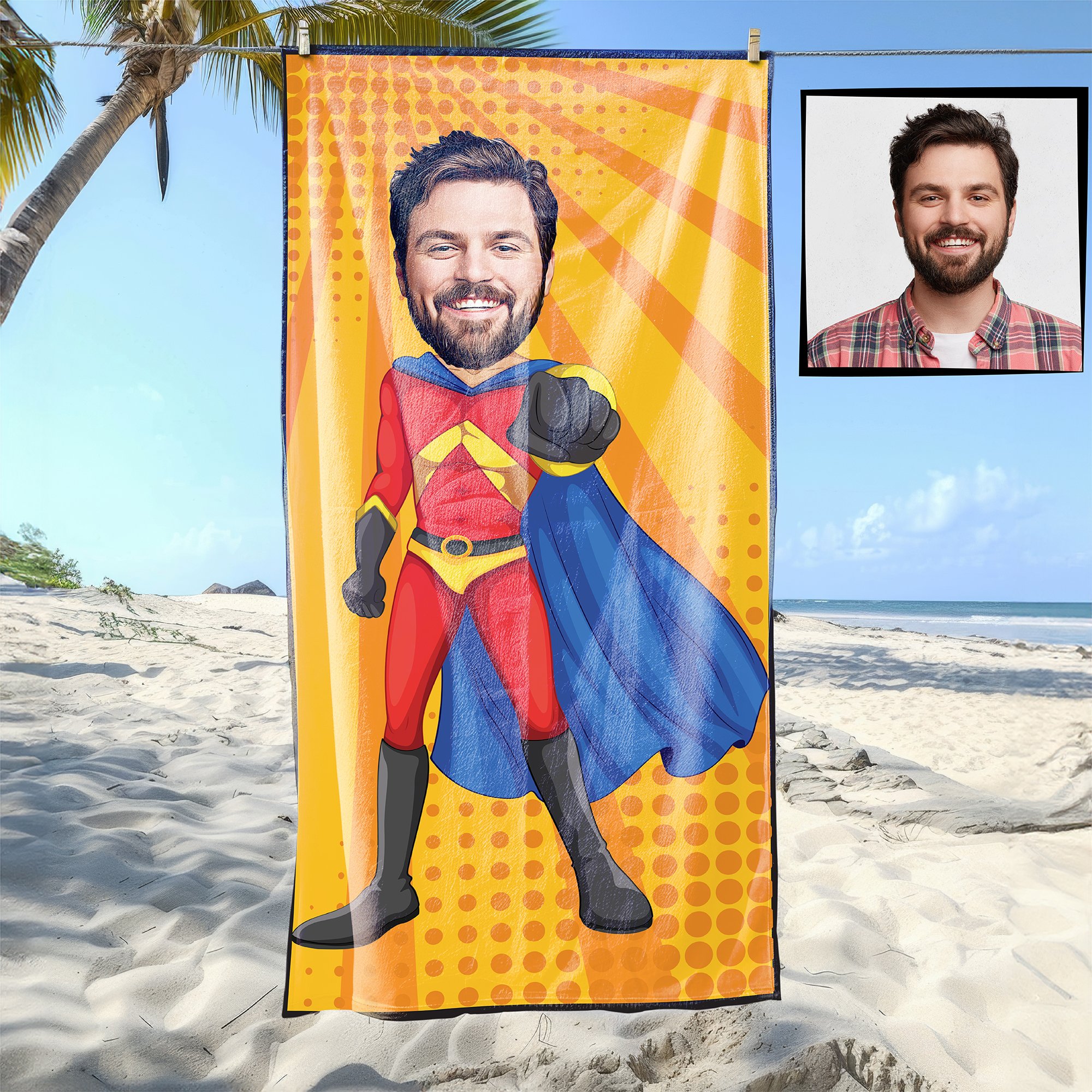eJOYA Kişiye Özel Karikatür Fotoğraflı Super Adam Plaj Ve Spor Havlusu 115031
