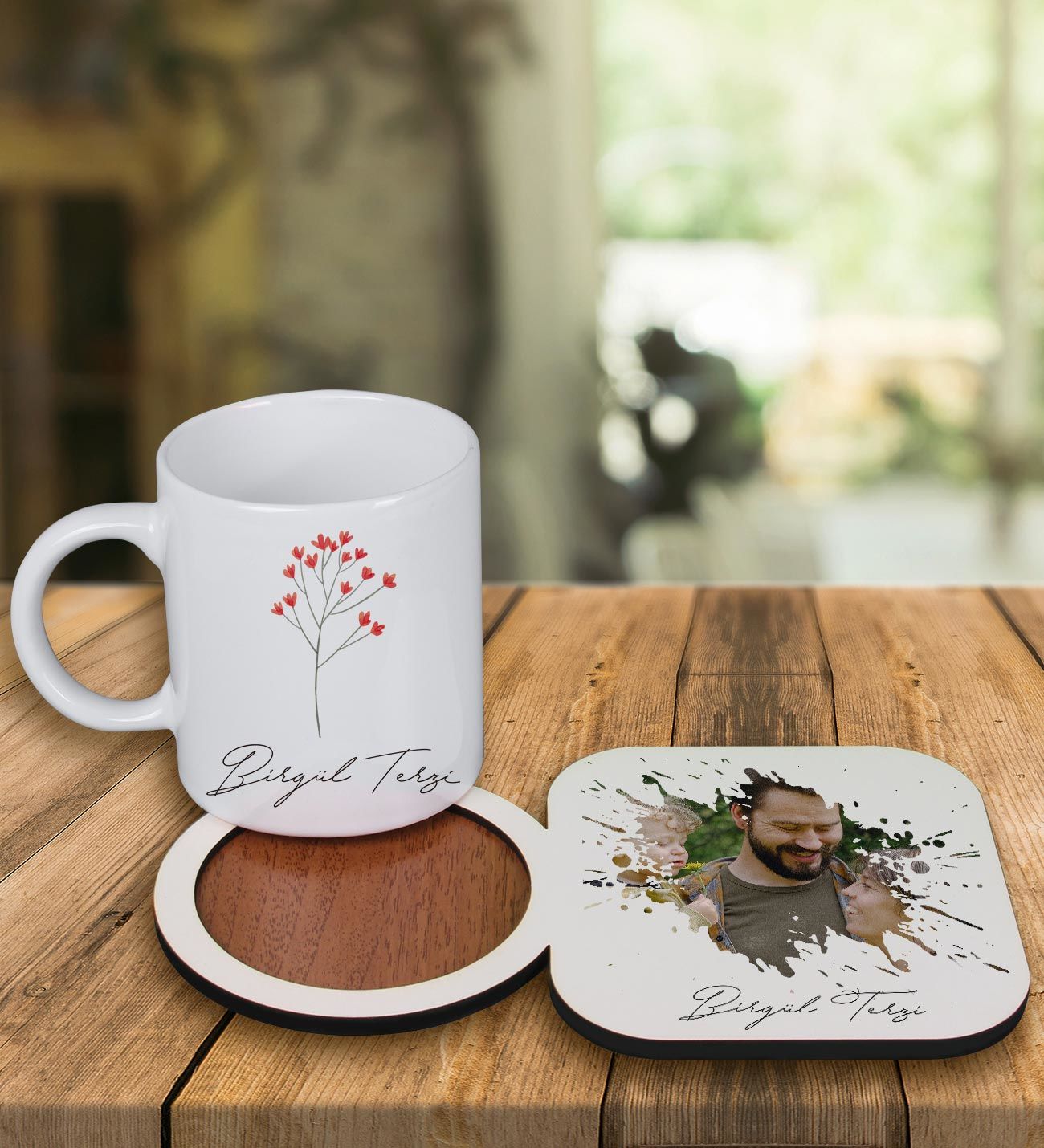 eJOYA Kişiye Özel Tasarım Kupa Bardak Ve Fotoğraflı Ahşap Bardak Altlığı 99403