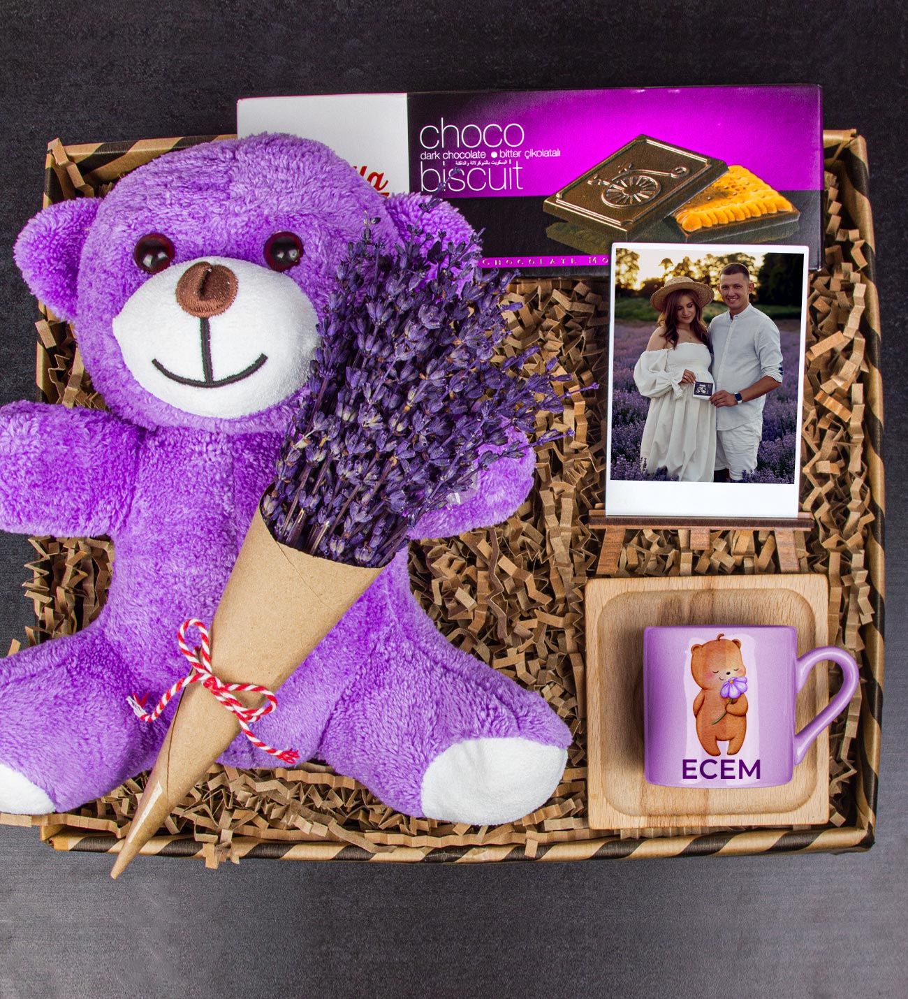eJOYA Kişiye Özel Türk Kahvesi Fincanı & Lavantalı Peluş Ayı & Choco Biscuit & Fotoğraflık Hediye Kutusu 111788