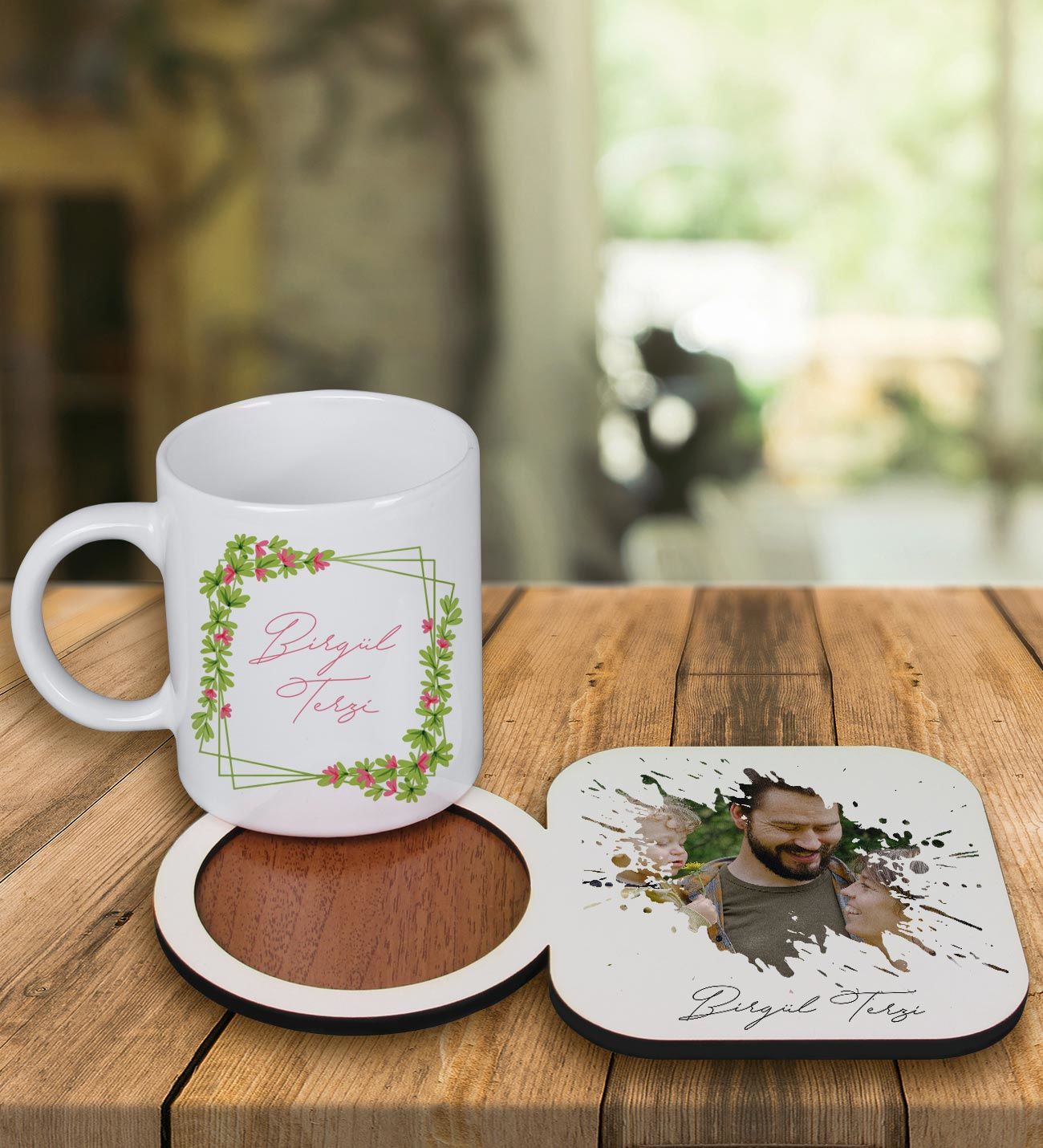 eJOYA Kişiye Özel Tasarım Kupa Bardak Ve Fotoğraflı Ahşap Bardak Altlığı 99415
