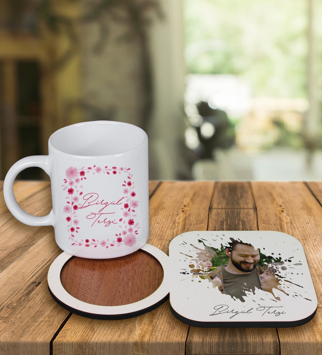 eJOYA Kişiye Özel Tasarım Kupa Bardak Ve Fotoğraflı Ahşap Bardak Altlığı 99419