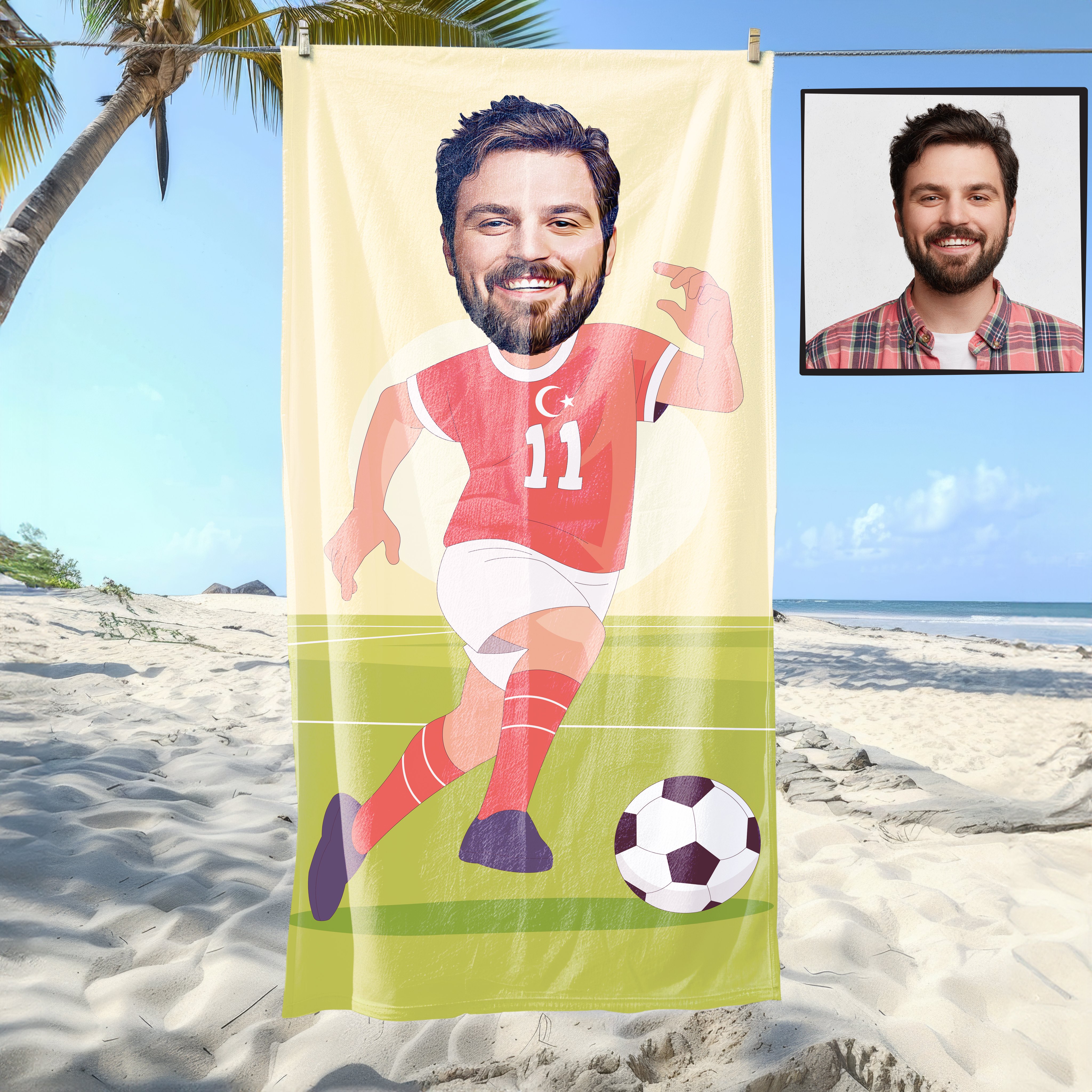 eJOYA Kişiye Özel Karikatür Fotoğraflı Futbolcu Plaj Ve Spor Havlusu 115051