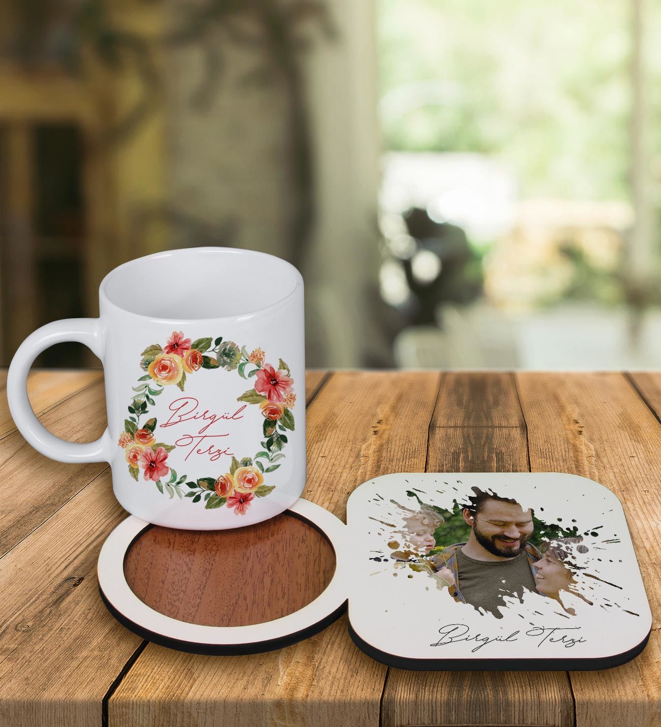 eJOYA Kişiye Özel Tasarım Kupa Bardak Ve Fotoğraflı Ahşap Bardak Altlığı 99428