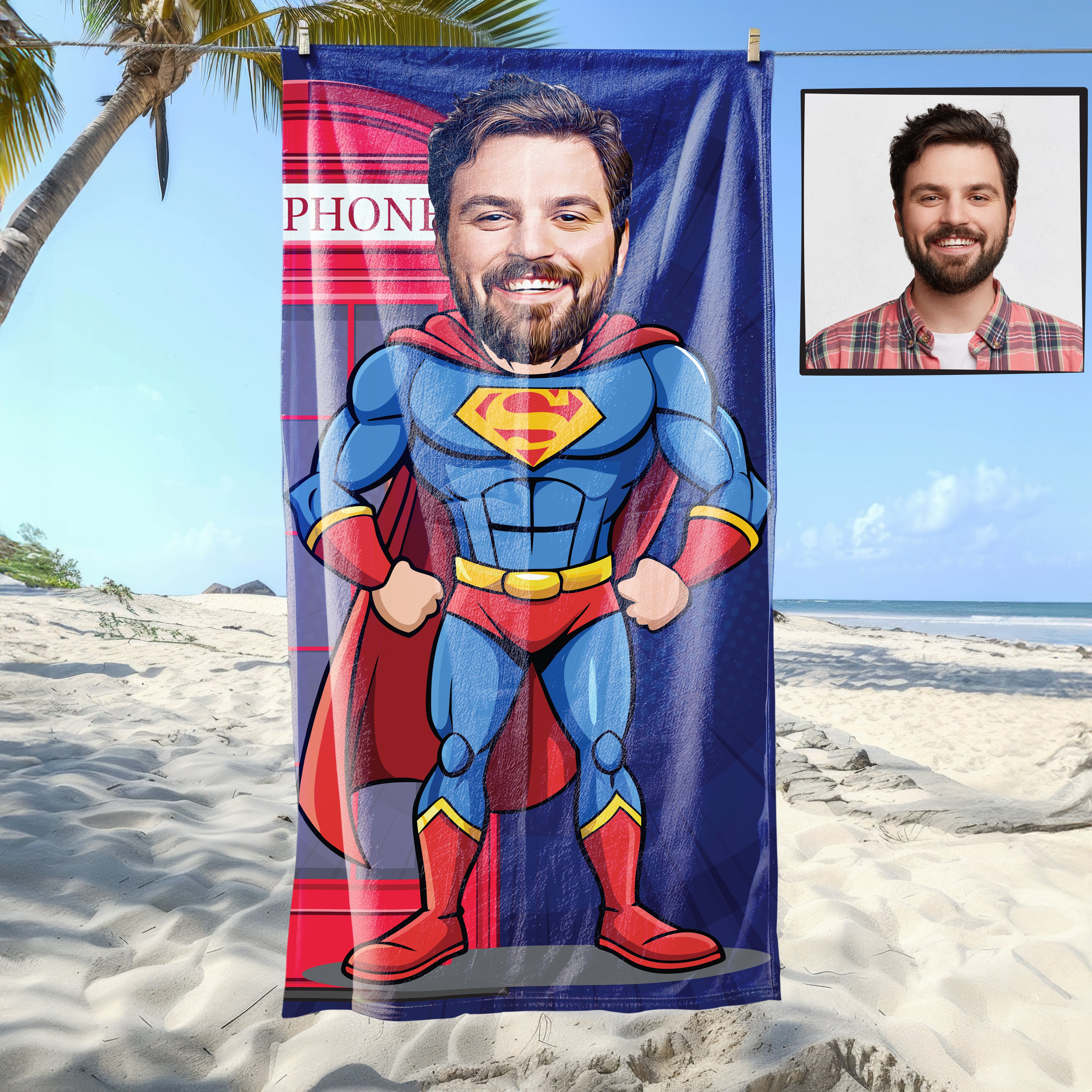eJOYA Kişiye Özel Karikatür Fotoğraflı Super Adam Plaj Ve Spor Havlusu 115059