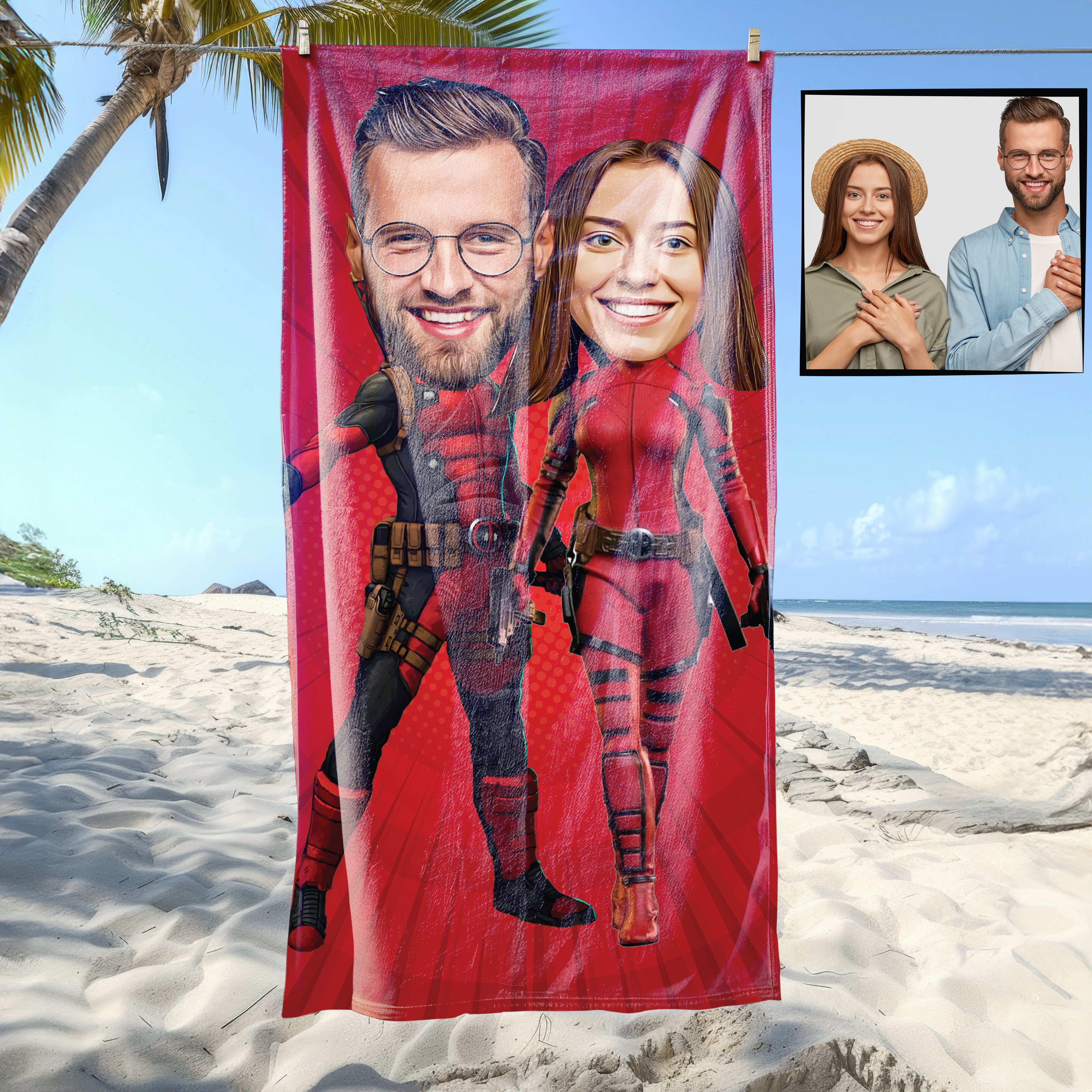 eJOYA Kişiye Özel Karikatür Fotoğraflı Kahraman Çift Plaj Ve Spor Havlusu 115062