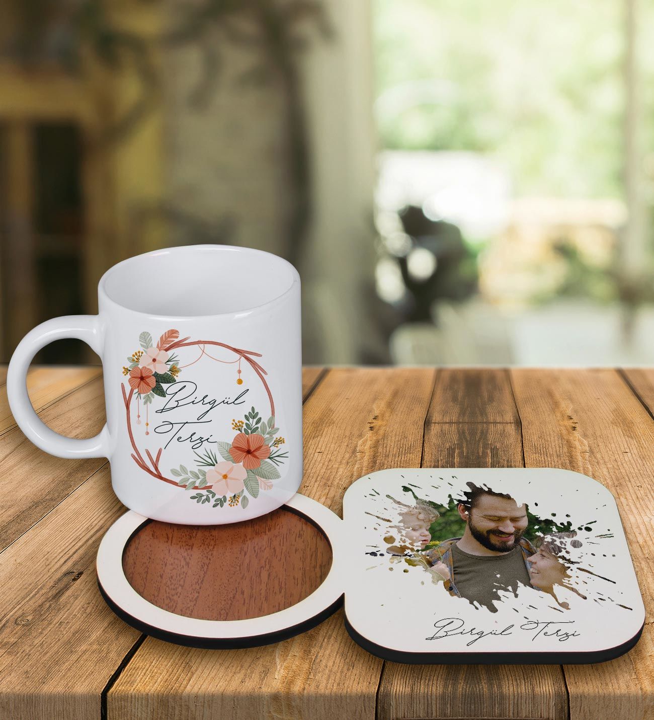 eJOYA Kişiye Özel Tasarım Kupa Bardak Ve Fotoğraflı Ahşap Bardak Altlığı 99435