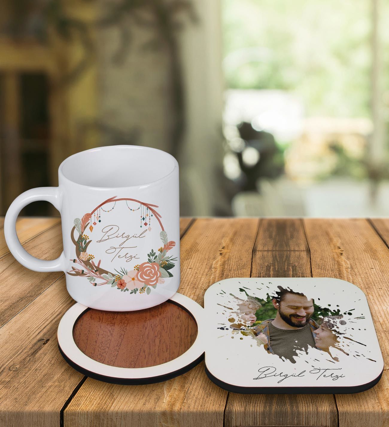 eJOYA Kişiye Özel Tasarım Kupa Bardak Ve Fotoğraflı Ahşap Bardak Altlığı 99438