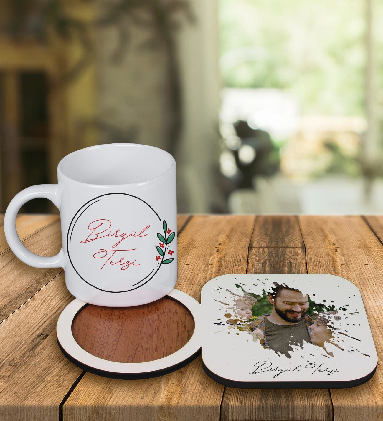 eJOYA Kişiye Özel Tasarım Kupa Bardak Ve Fotoğraflı Ahşap Bardak Altlığı 99440