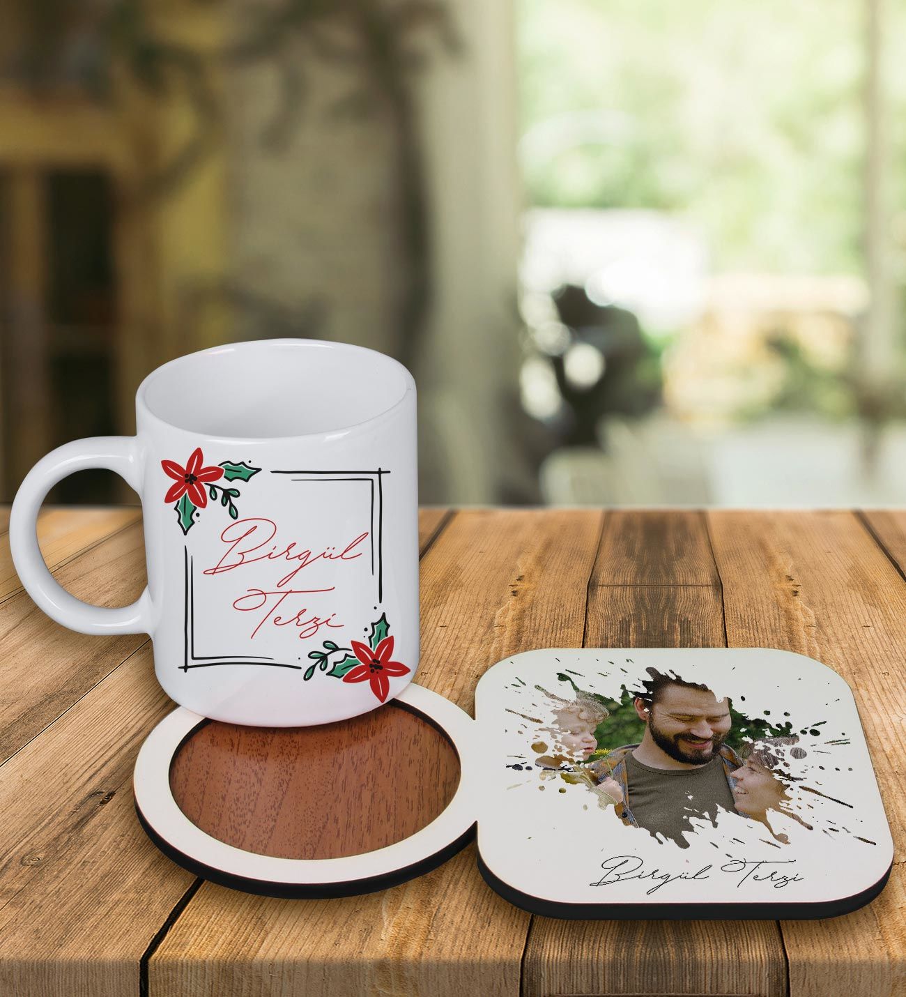 eJOYA Kişiye Özel Tasarım Kupa Bardak Ve Fotoğraflı Ahşap Bardak Altlığı 99441