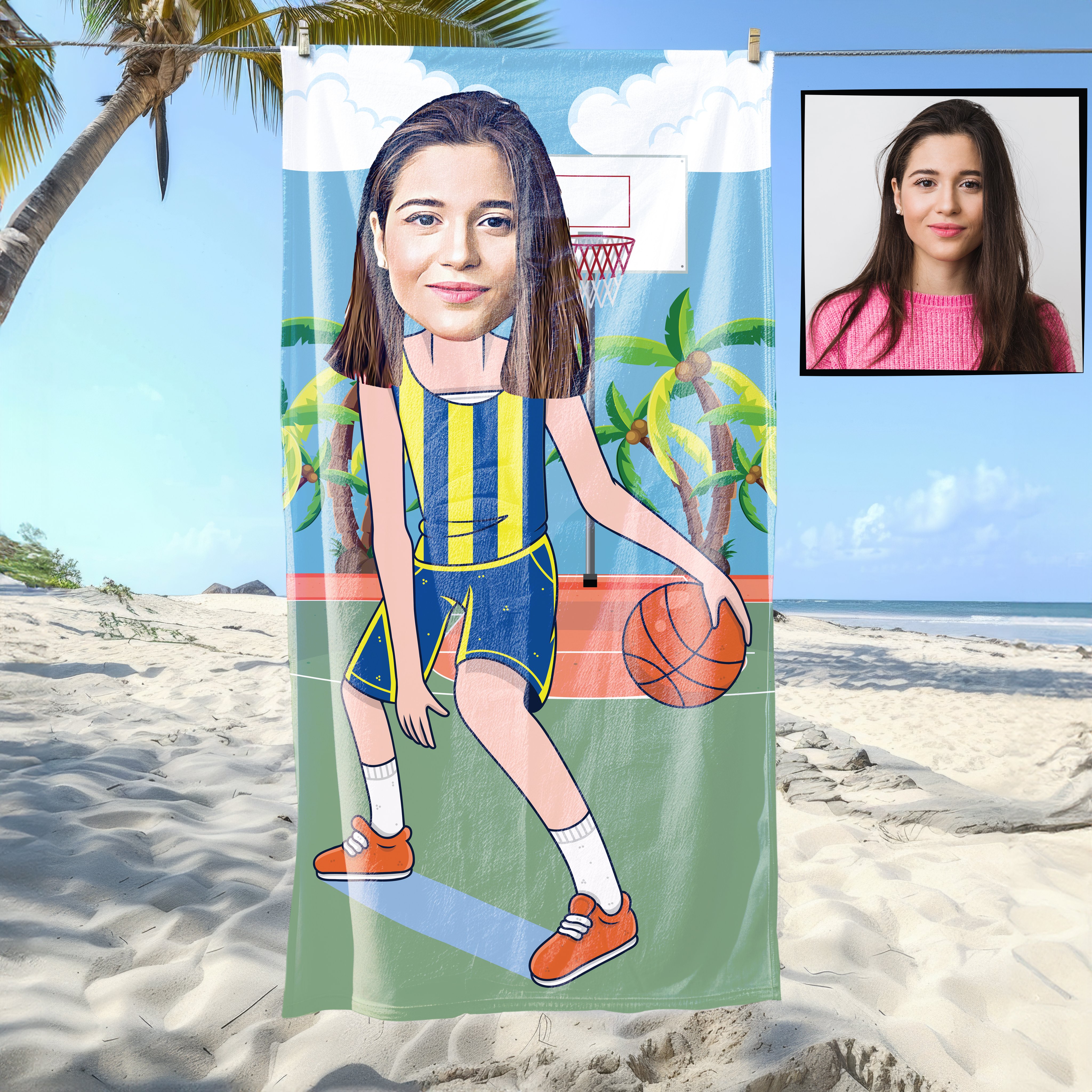 eJOYA Kişiye Özel Karikatür Fotoğraflı  Basketboldu Kız Plaj Ve Spor Havlusu 115070