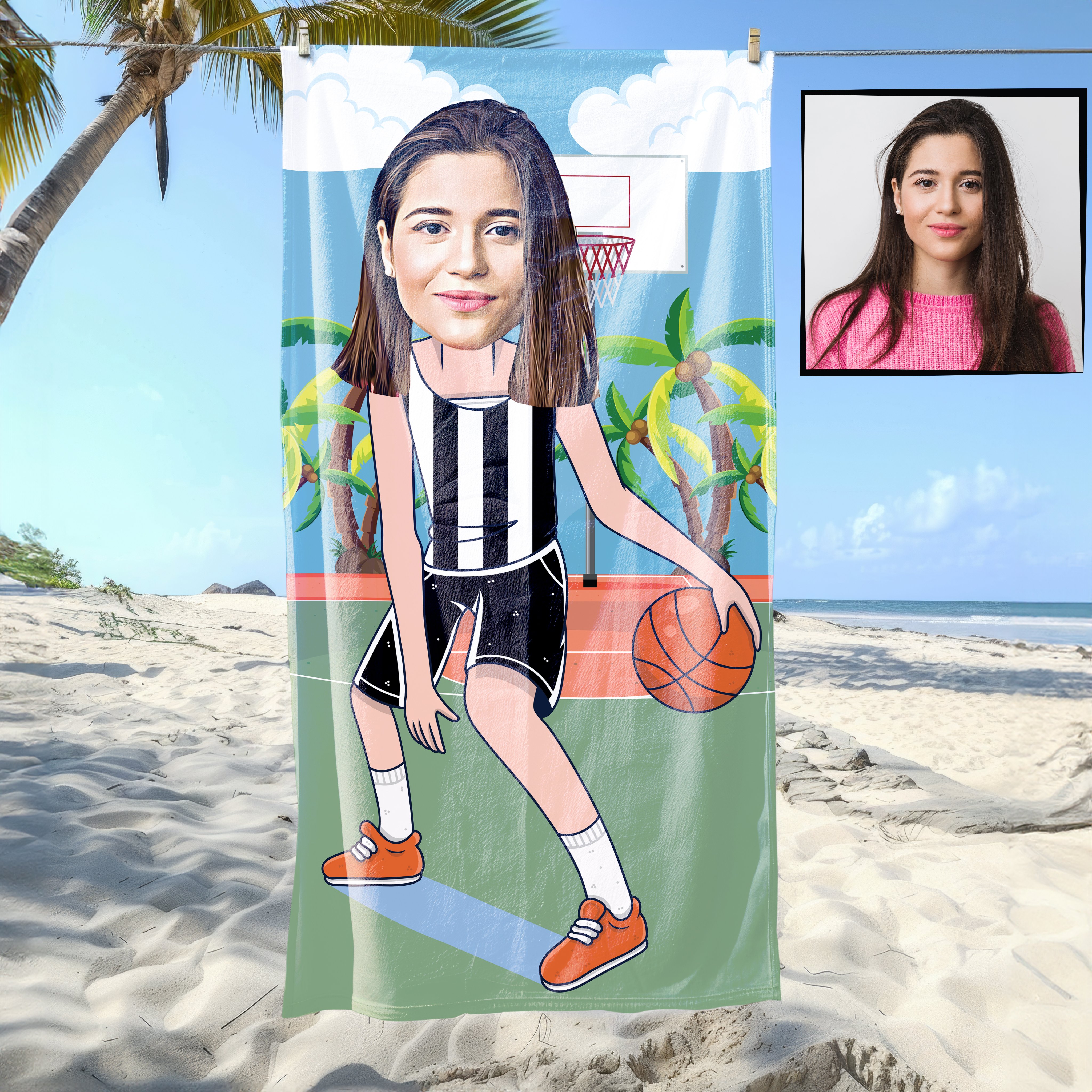 eJOYA Kişiye Özel Karikatür Fotoğraflı  Basketboldu Kız Plaj Ve Spor Havlusu 115071