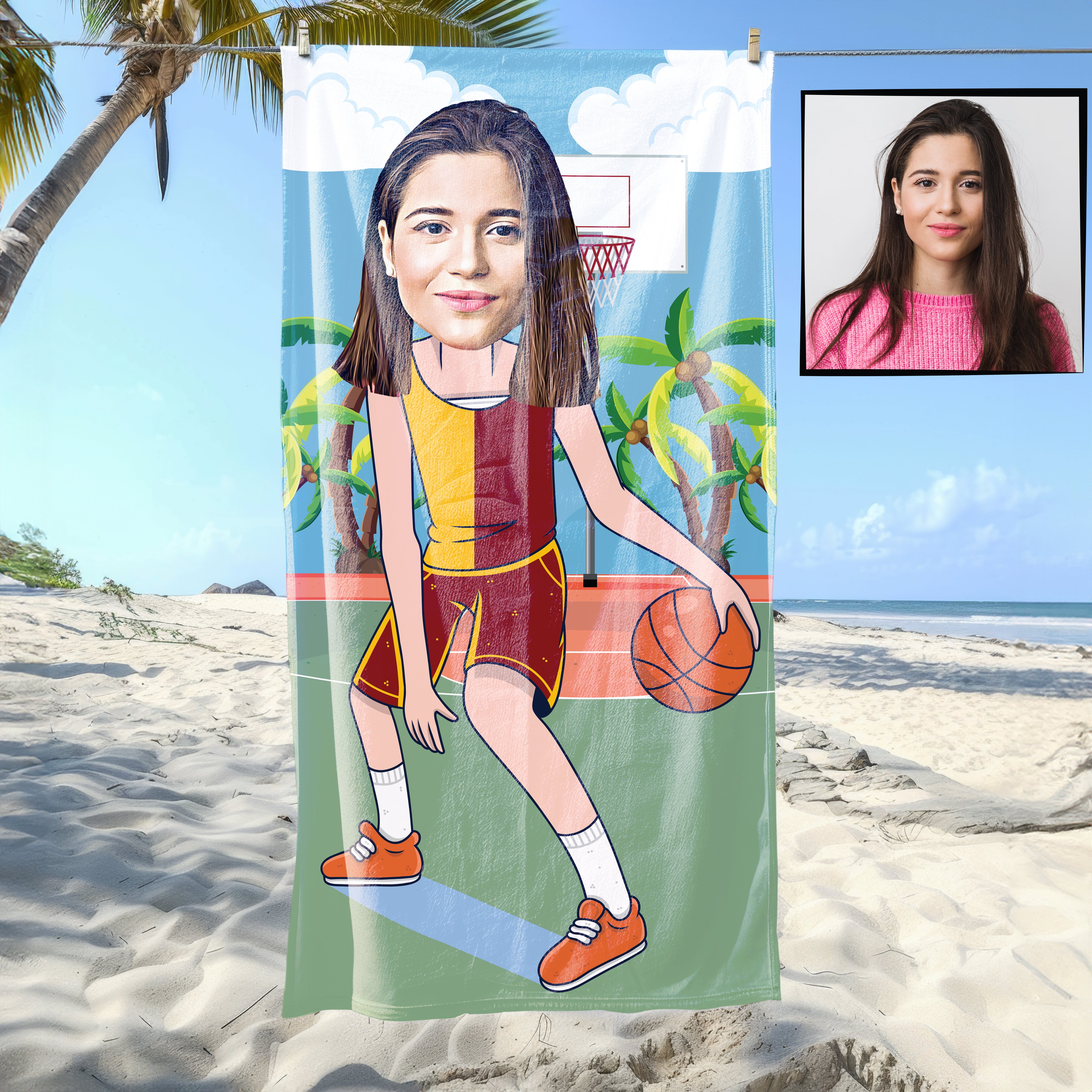 eJOYA Kişiye Özel Karikatür Fotoğraflı  Basketboldu Kız Plaj Ve Spor Havlusu 115072