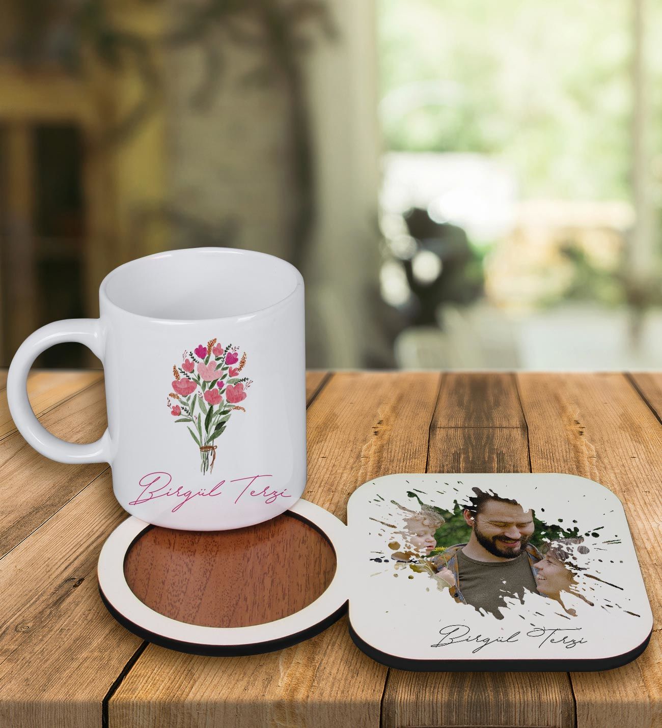 eJOYA Kişiye Özel Tasarım Kupa Bardak Ve Fotoğraflı Ahşap Bardak Altlığı 99465