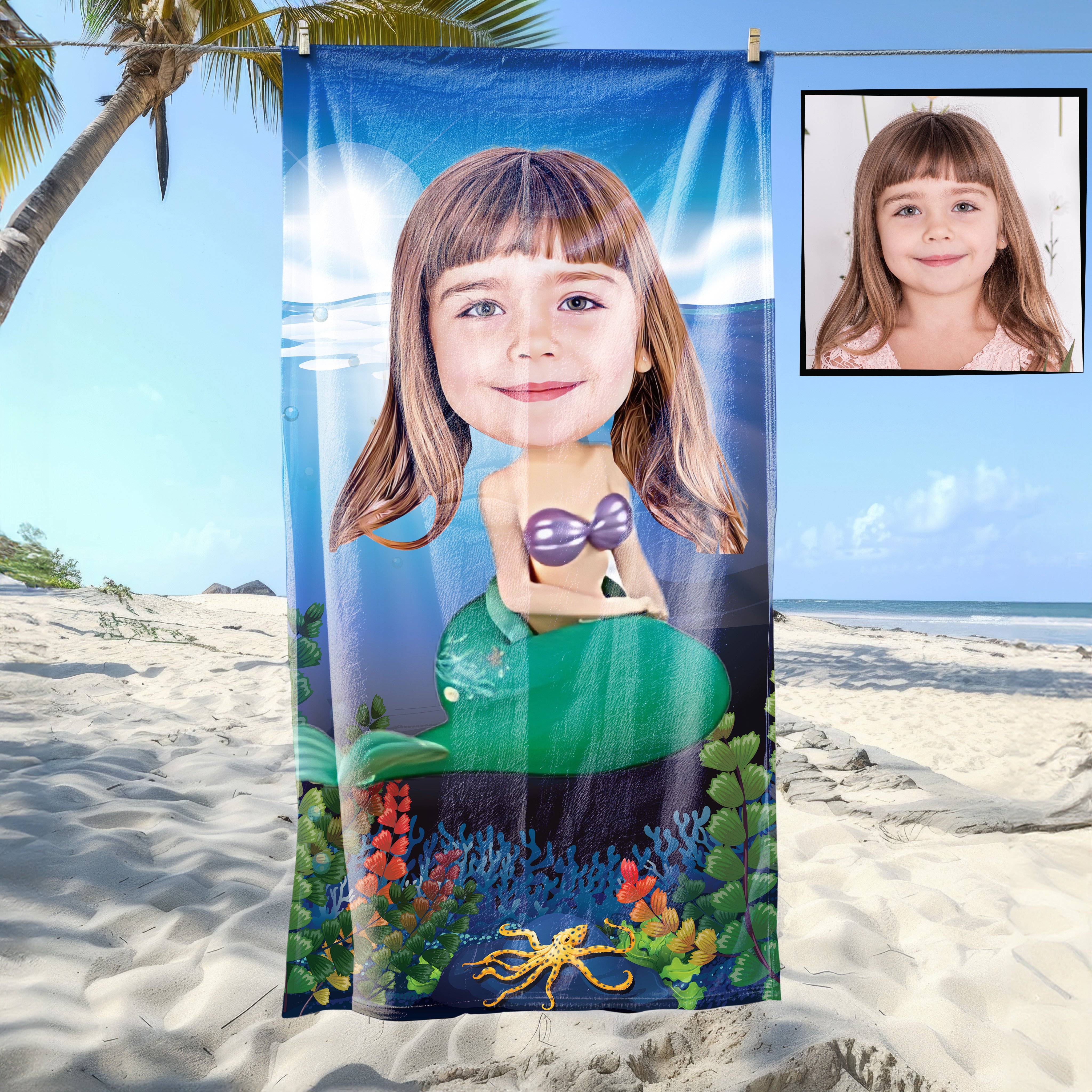 eJOYA Kişiye Özel Karikatür Fotoğraflı Deniz Kızı Plaj ve Banyo Havlusu 115704
