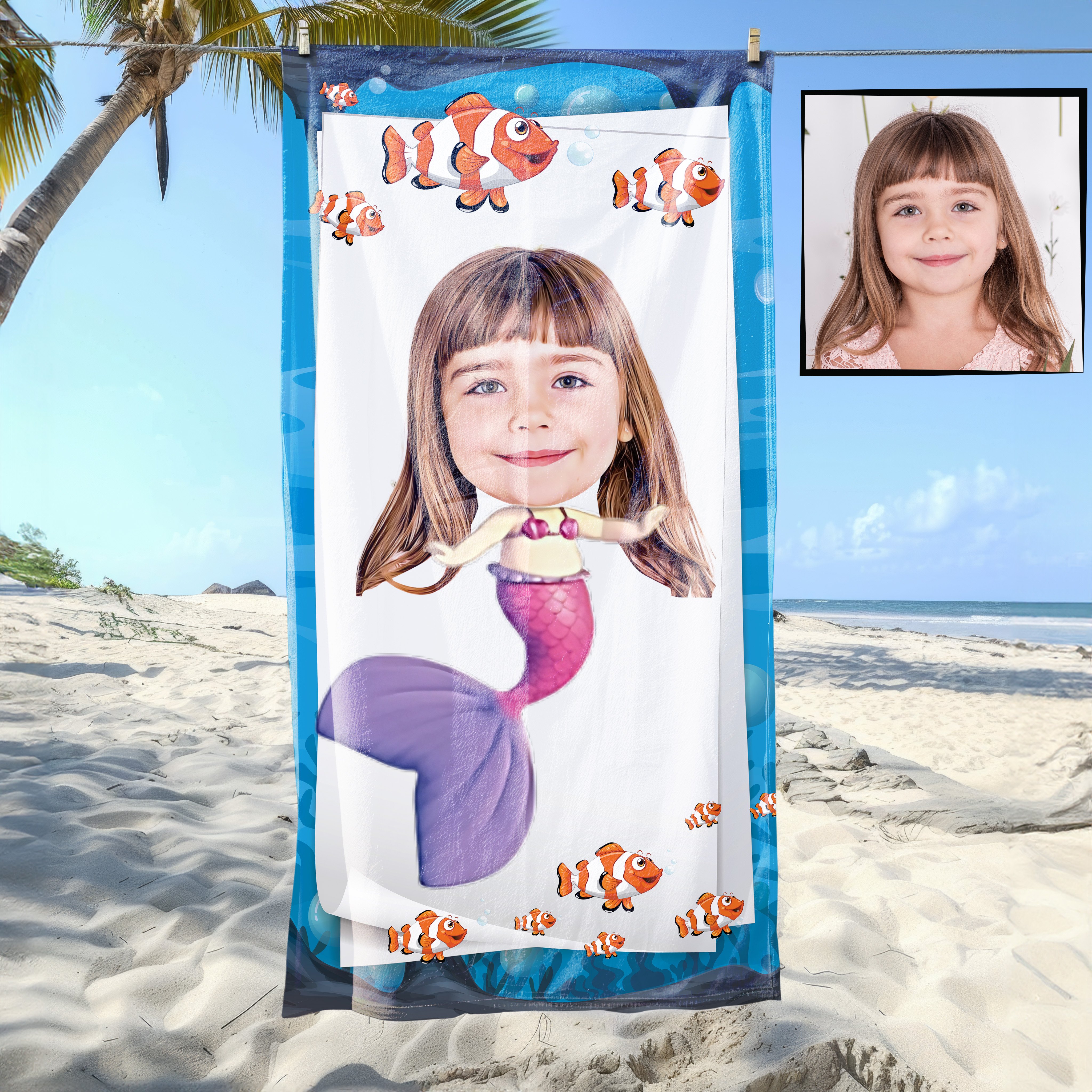 eJOYA Kişiye Özel Karikatür Fotoğraflı Deniz Kızı Plaj ve Banyo Havlusu 115705