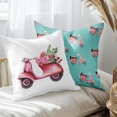 eJOYA Çiçekli Vespa Tasarımlı 2'li Yastık İçi Ve Kırlent Kılıfı 45cm 113479