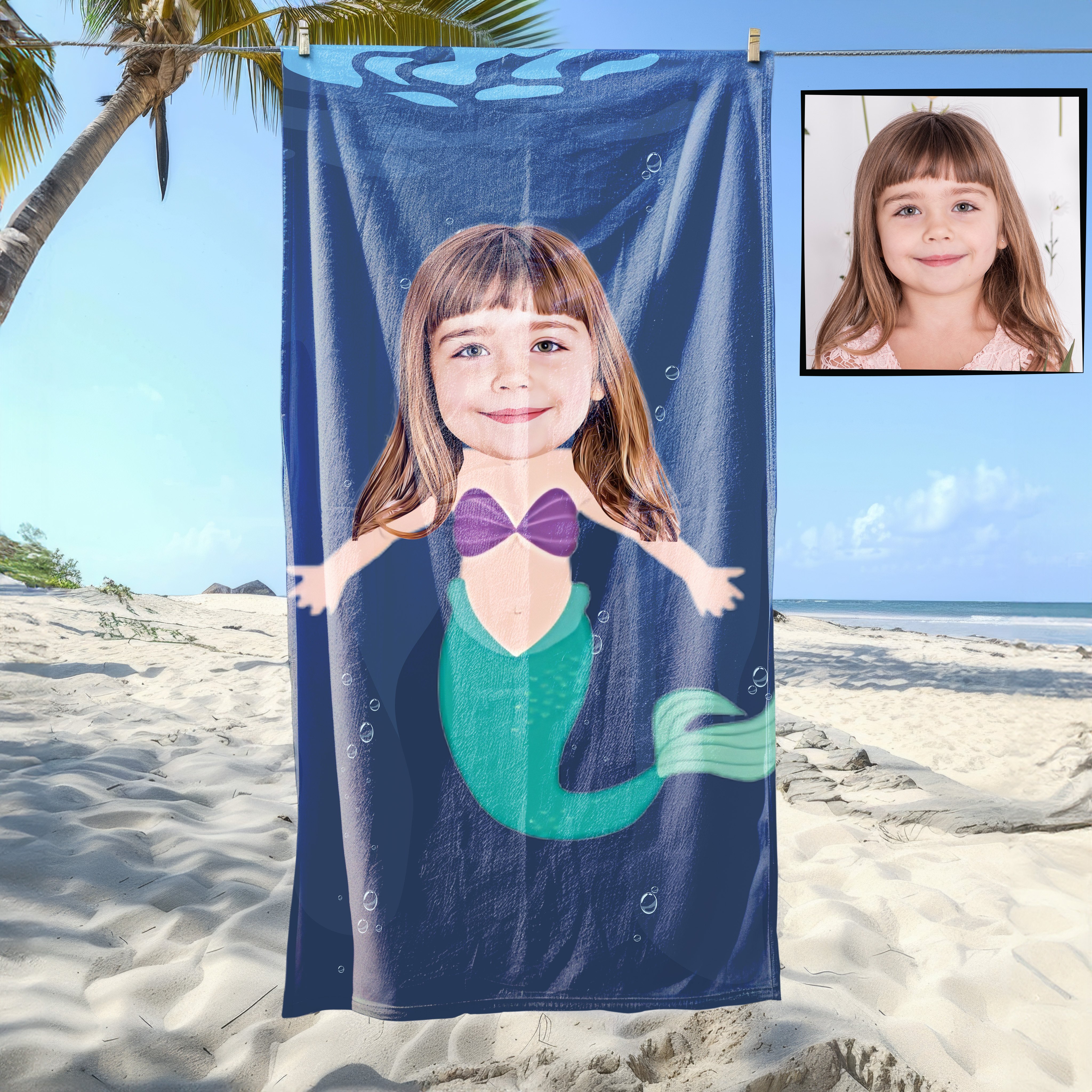 eJOYA Kişiye Özel Karikatür Fotoğraflı Deniz Kızı Plaj ve Banyo Havlusu 115707
