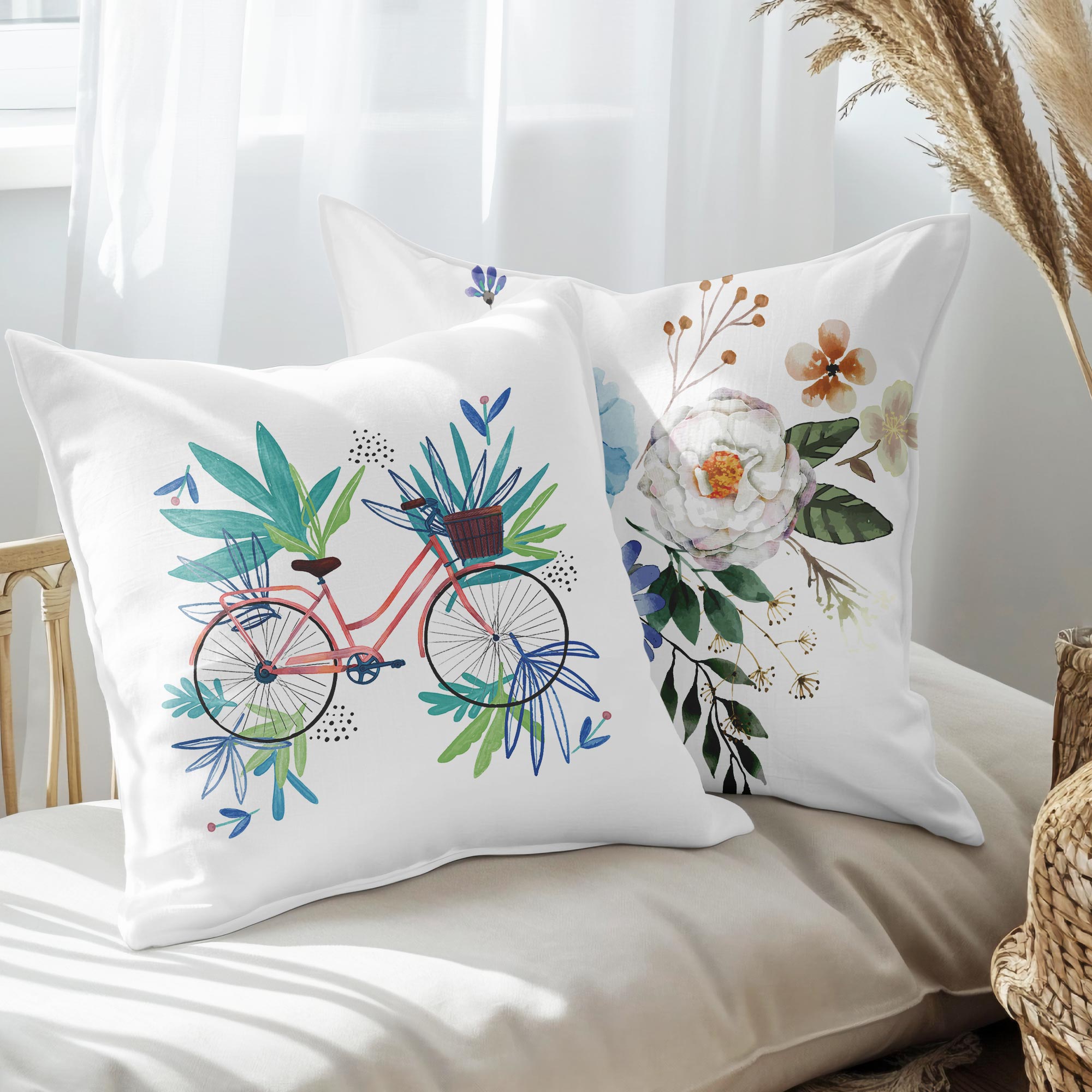 eJOYA Bisiklet Ve Çiçek Tasarımlı 2'li Yastık İçi Ve Kırlent Kılıfı 45cm 113480