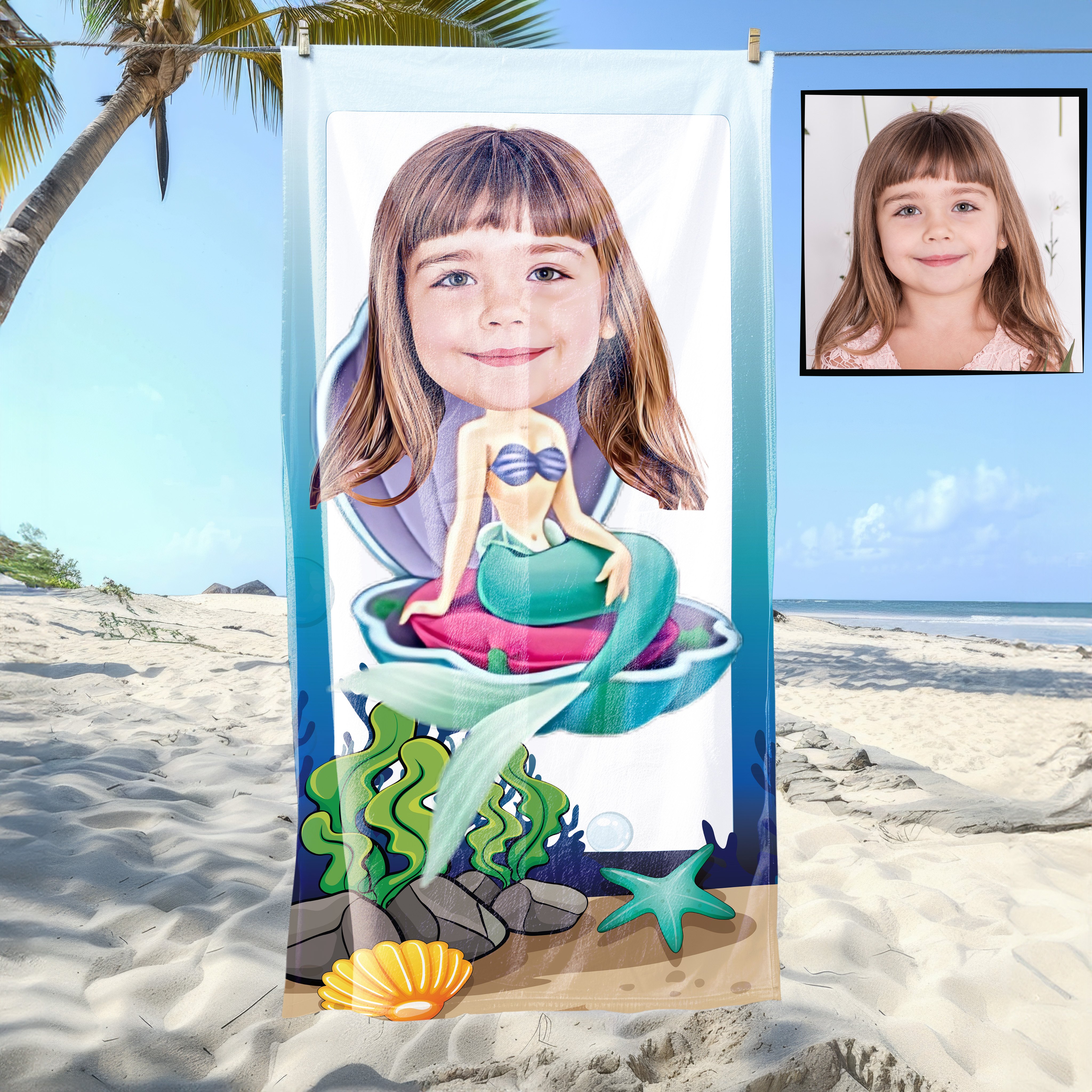 eJOYA Kişiye Özel Karikatür Fotoğraflı Deniz Kızı Plaj ve Banyo Havlusu 115708