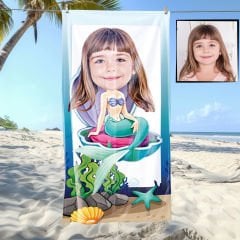 eJOYA Kişiye Özel Karikatür Fotoğraflı Deniz Kızı Plaj ve Banyo Havlusu 115708