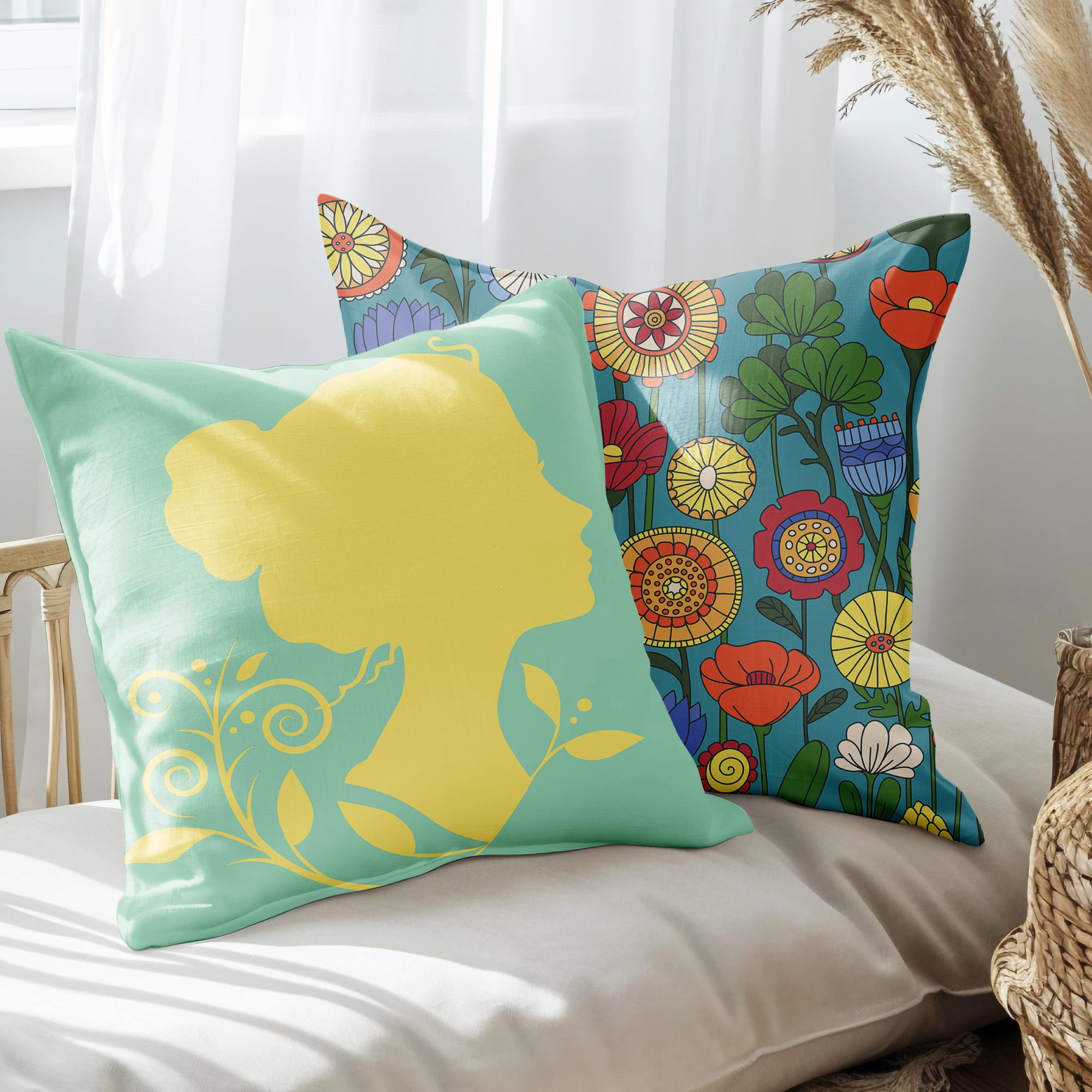 eJOYA Kadın Ve Çiçek Tasarımlı 2'li Yastık İçi Ve Kırlent Kılıfı 45cm 113483