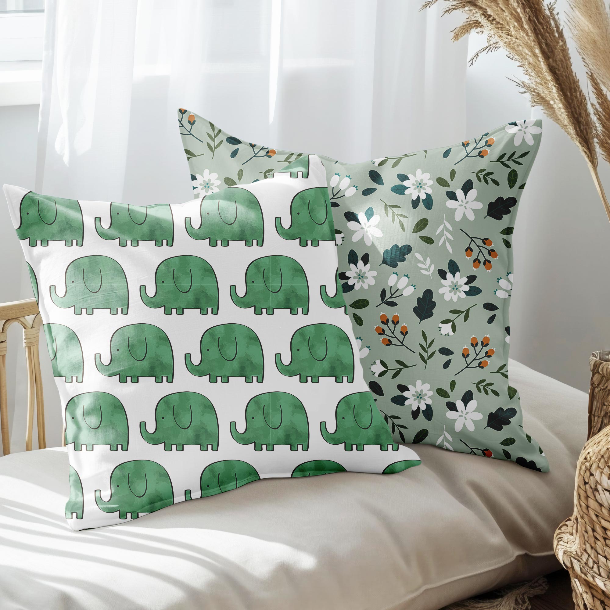 eJOYA Uğurlu Fil Ve Çiçek Tasarımlı 2'li Yastık İçi Ve Kırlent Kılıfı 45cm 113485