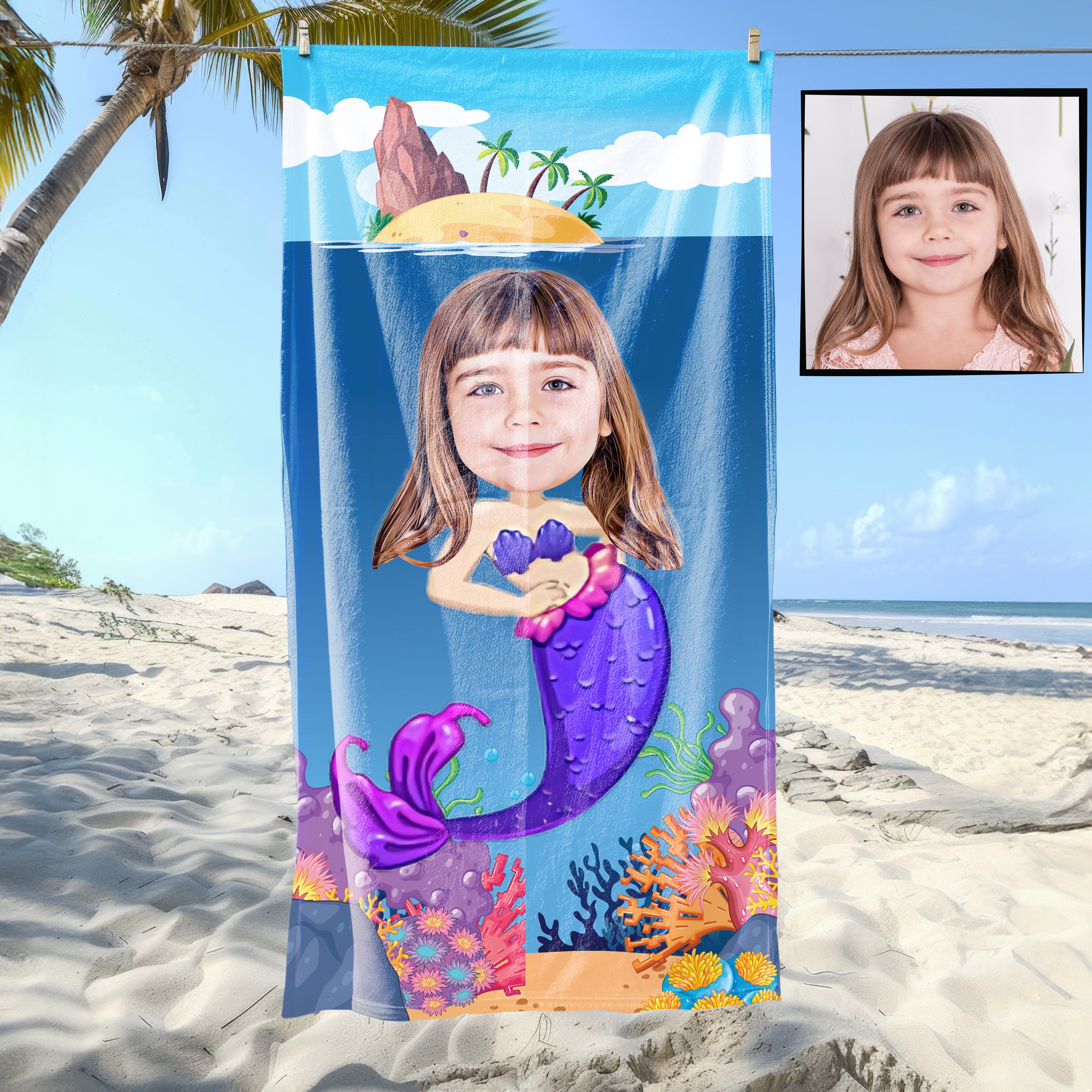 eJOYA Kişiye Özel Karikatür Fotoğraflı Deniz Kızı Plaj ve Banyo Havlusu 115714