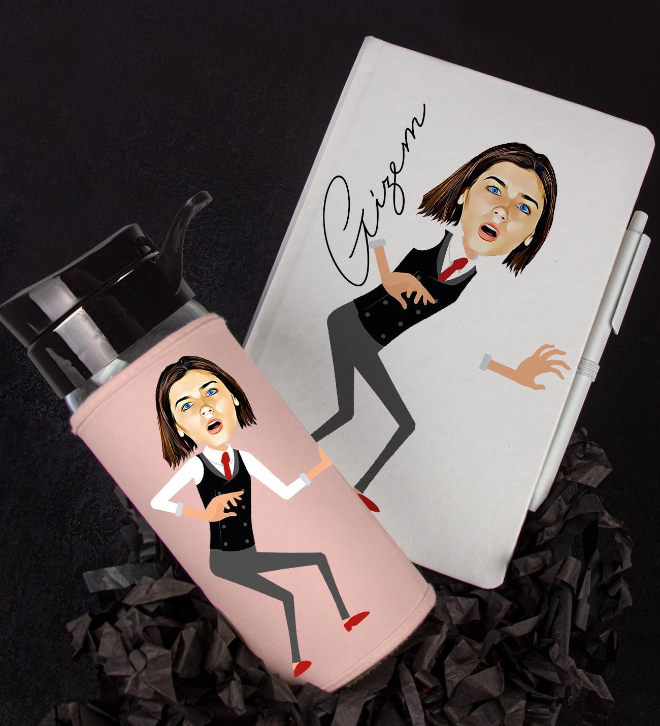 eJOYA Kişiye Özel Karikatür Tasarım Defter Kalem Ve Matara Hediye Seti 96485