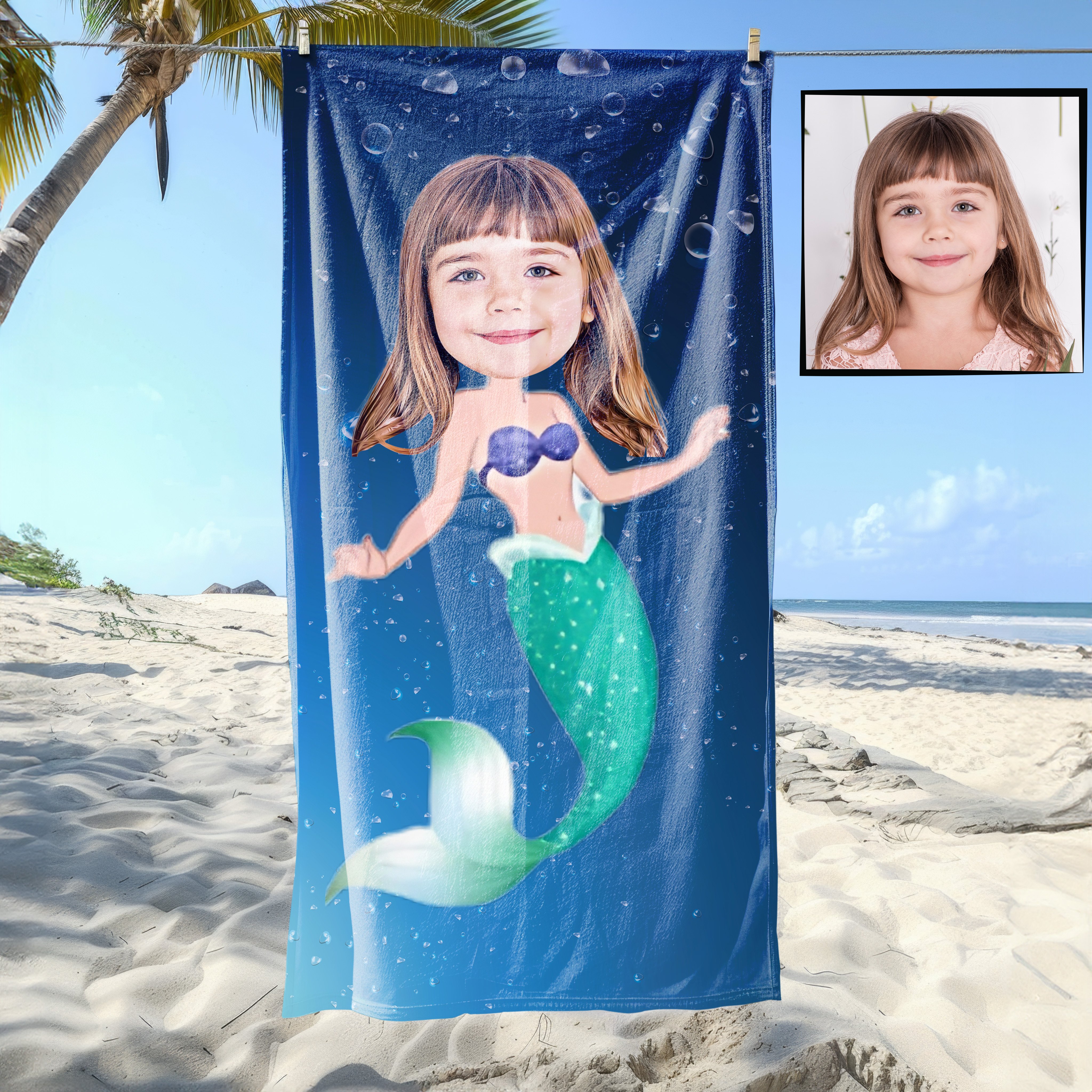 eJOYA Kişiye Özel Karikatür Fotoğraflı Deniz Kızı Plaj ve Banyo Havlusu 115718