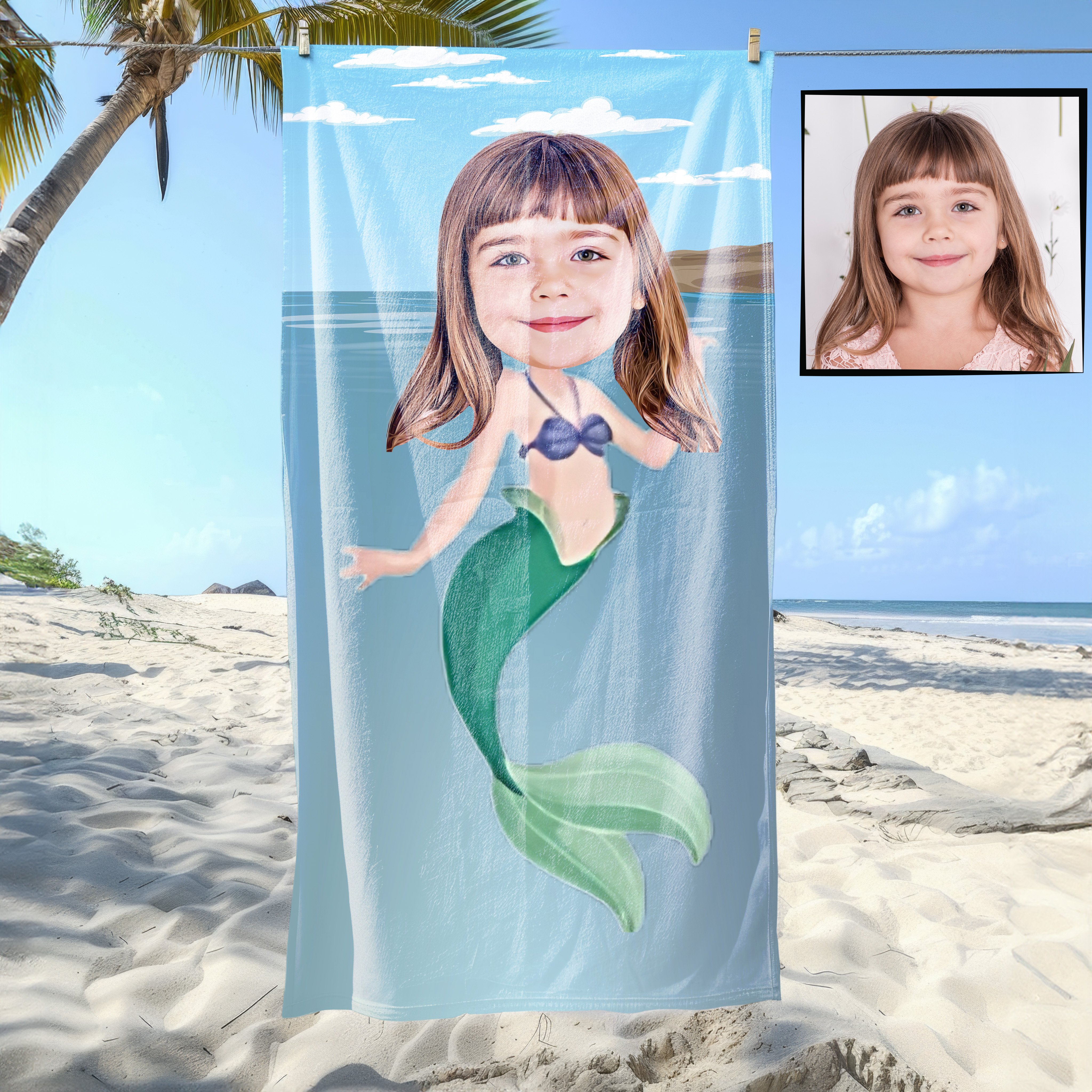 eJOYA Kişiye Özel Karikatür Fotoğraflı Deniz Kızı Plaj ve Banyo Havlusu 115719