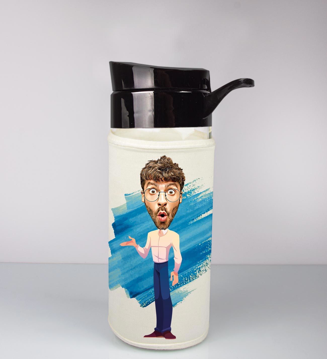 eJOYA Kişiye Özel Karikatür Tasarım Özel Koruma Kılıflı Cam Matara 95940