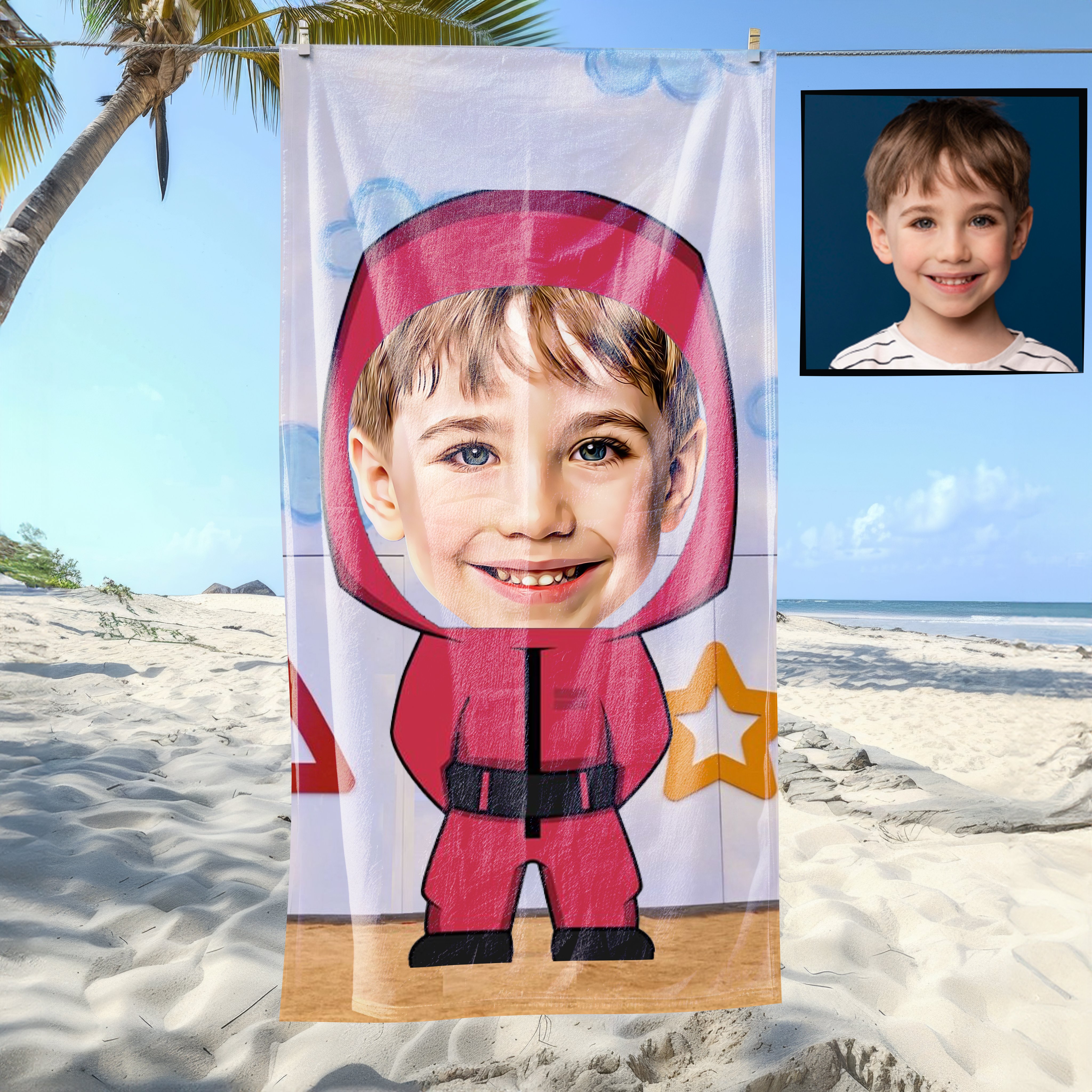 eJOYA Kişiye Özel Karikatür Fotoğraflı Squid Games Muhafız Plaj ve Banyo Havlusu 115745