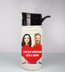 eJOYA Kişiye Özel Karikatür Tasarım Özel Koruma Kılıflı Cam Matara 95961
