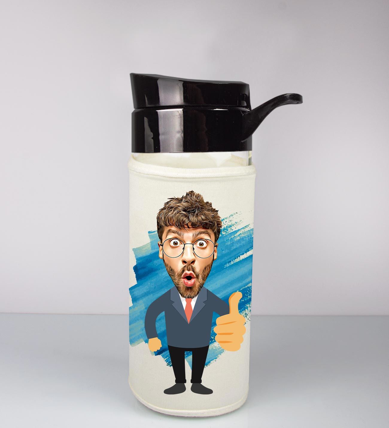 eJOYA Kişiye Özel Karikatür Tasarım Özel Koruma Kılıflı Cam Matara 95976