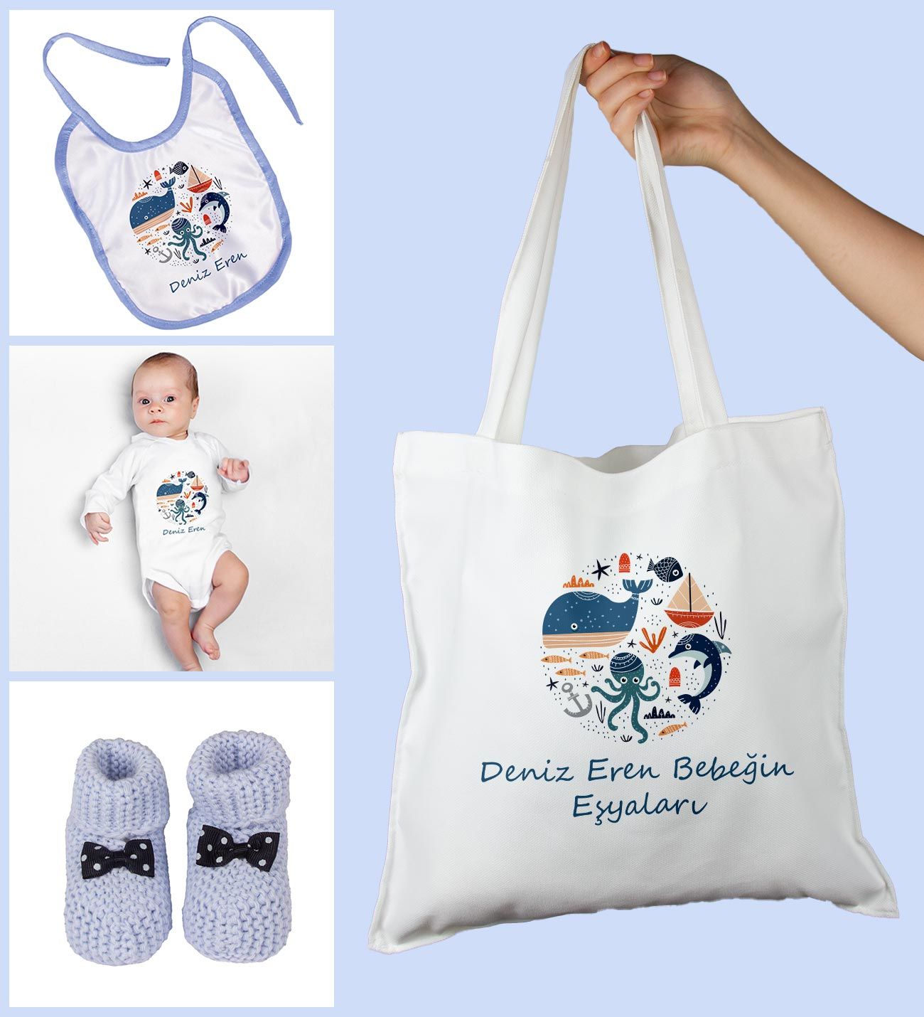 eJOYA Bebeklere Özel Çantasında Kişiye Özel Zıbın Önük Ve Patik Bebek Hediye Seti 109776