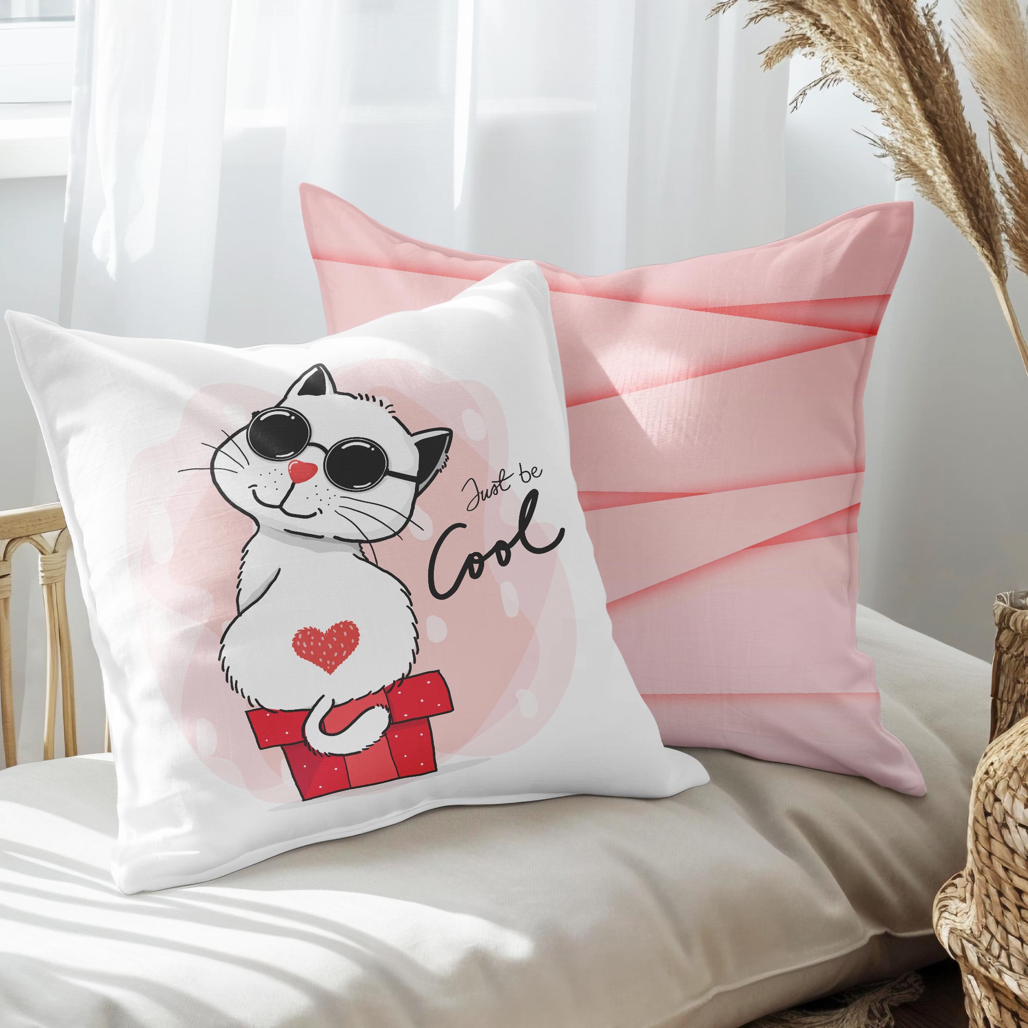 eJOYA Havalı Kedi Tasarımlı 2'li Yastık İçi Ve Kırlent Kılıfı 45cm 113544