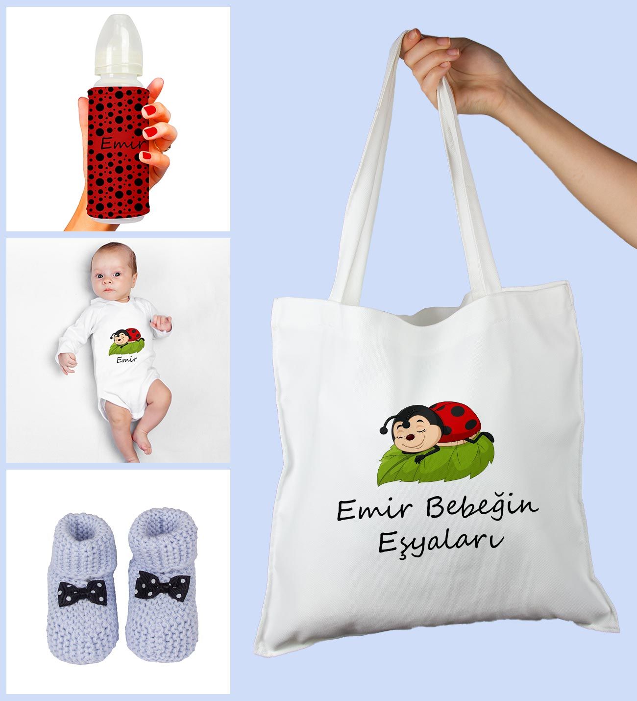 eJOYA Bebeklere Özel Çantasında Kişiye Özel Zıbın Biberon Ve Patik Bebek Hediye Seti 109783