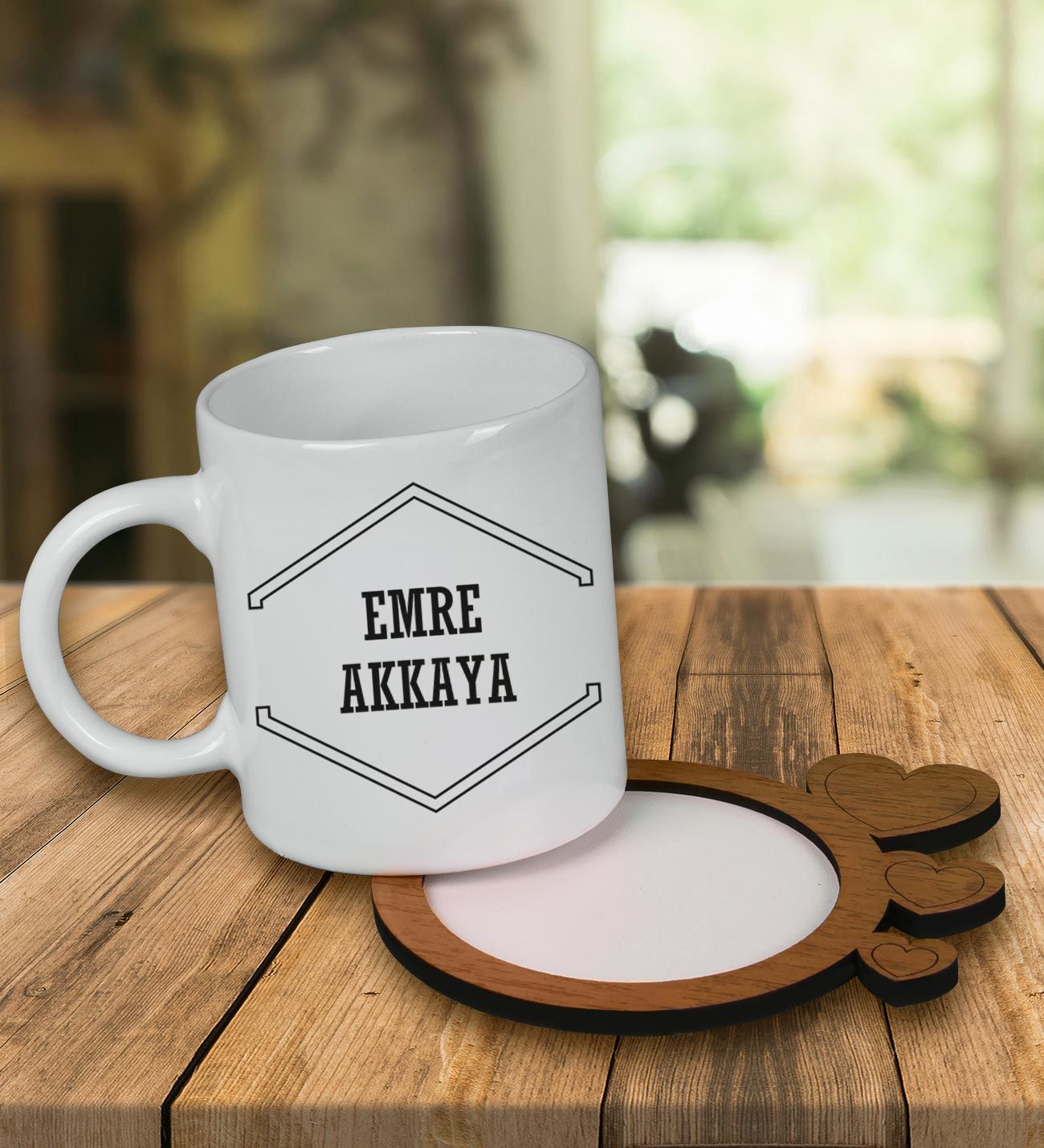 eJOYA Kişiye Özel Tasarım Kupa Bardak Ve Kalp Desenli Ahşap Bardak Altlığı 99547