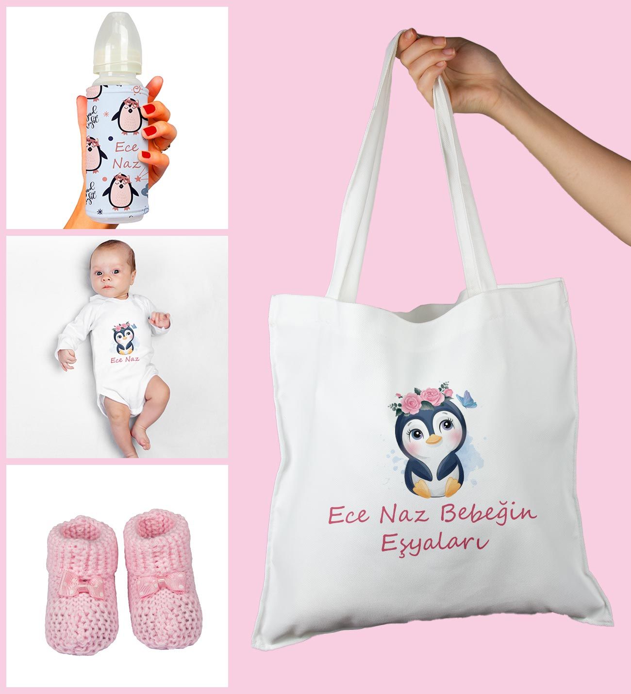 eJOYA Bebeklere Özel Çantasında Kişiye Özel Zıbın Biberon Ve Patik Bebek Hediye Seti 109794