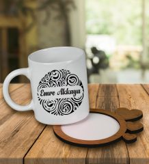 eJOYA Kişiye Özel Tasarım Kupa Bardak Ve Kalp Desenli Ahşap Bardak Altlığı 99556