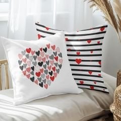 eJOYA Kırmızı Siyah Kalp Tasarımlı 2'li Yastık İçi Ve Kırlent Kılıfı 45cm 113562