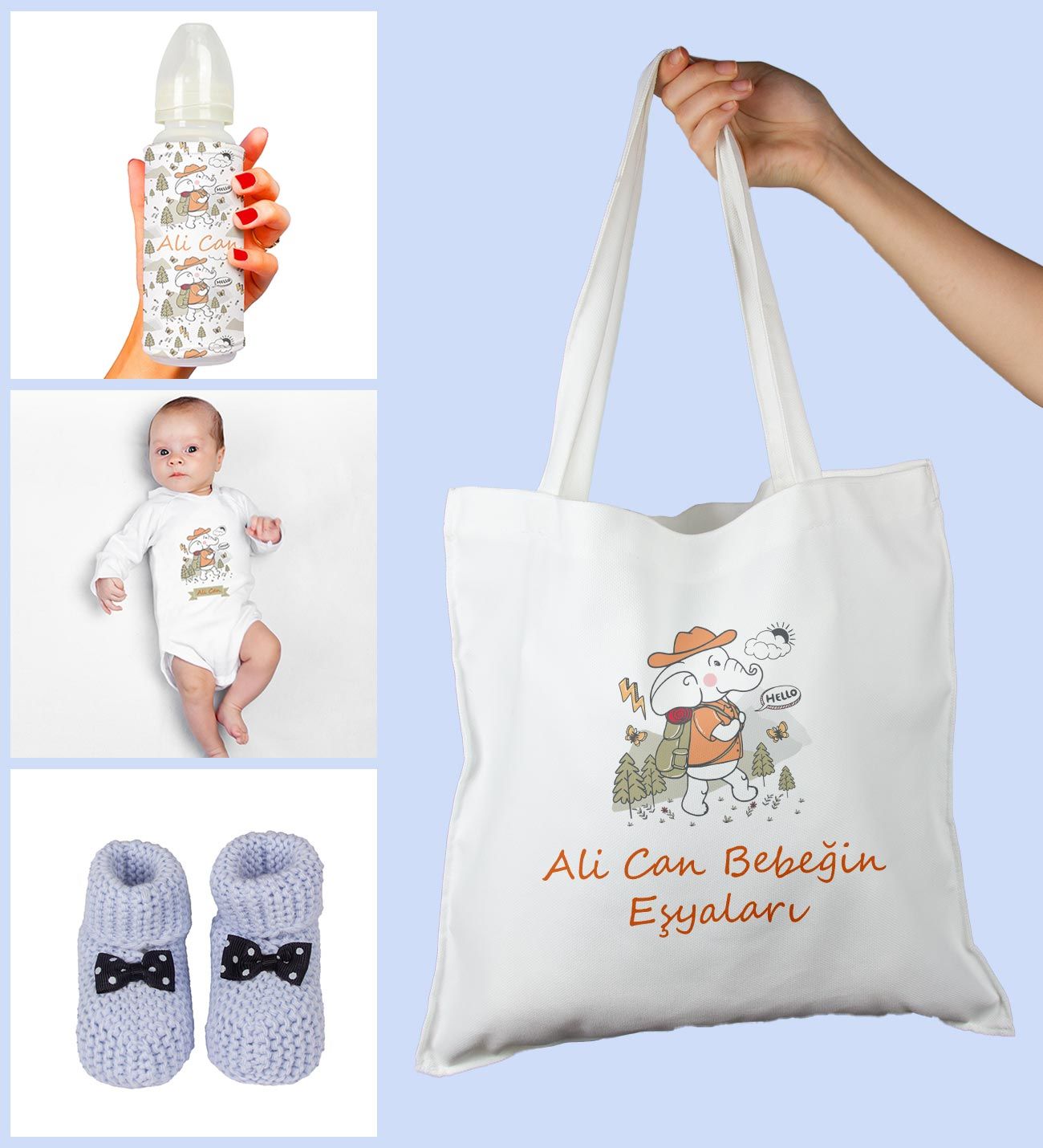 eJOYA Bebeklere Özel Çantasında Kişiye Özel Zıbın Biberon Ve Patik Bebek Hediye Seti 109797