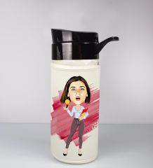 eJOYA Kişiye Özel Karikatür Tasarım Özel Koruma Kılıflı Cam Matara 96006