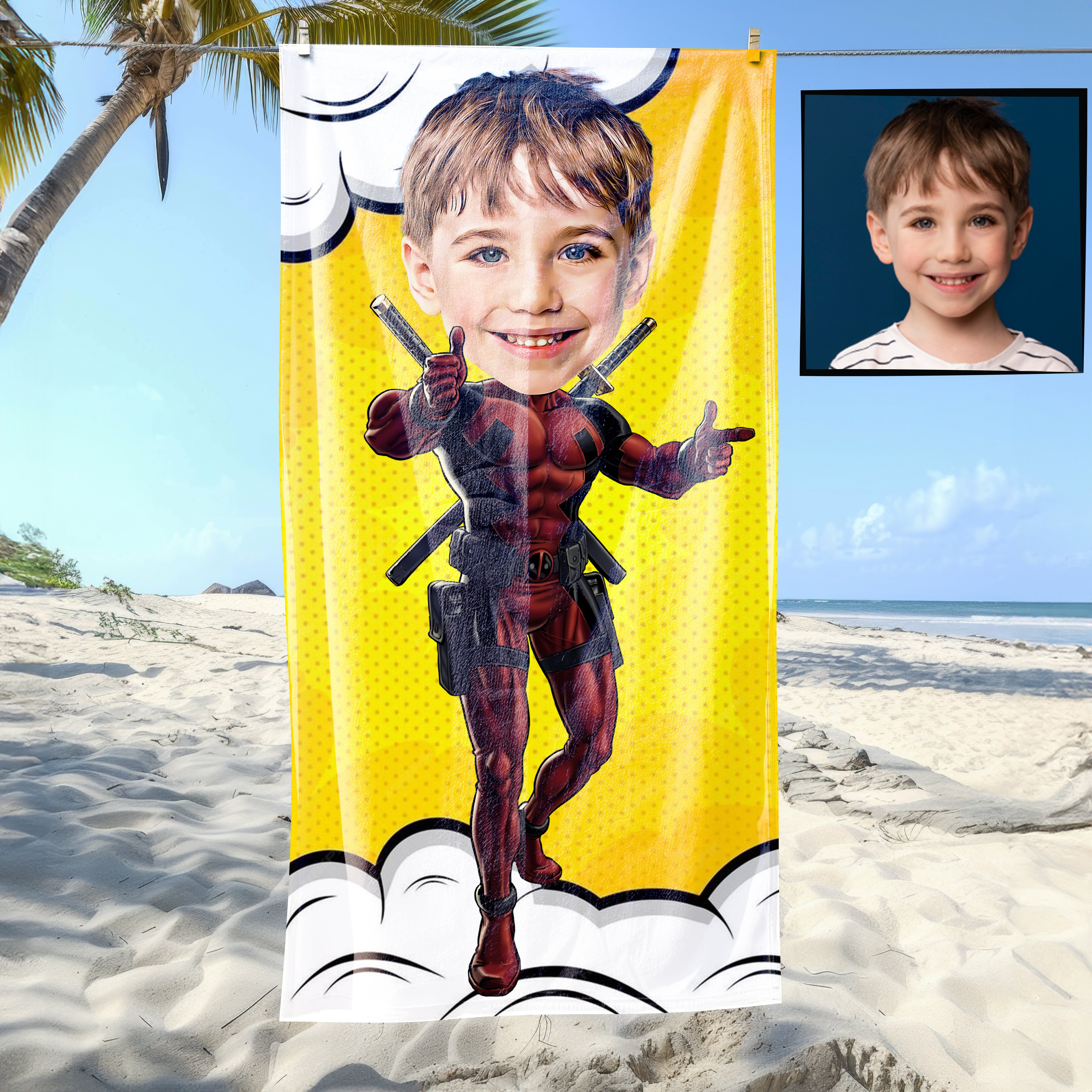 eJOYA Kişiye Özel Karikatür Fotoğraflı Süper Kahraman  Plaj ve Banyo Havlusu 115796