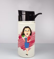 eJOYA Kişiye Özel Karikatür Tasarım Özel Koruma Kılıflı Cam Matara 96007