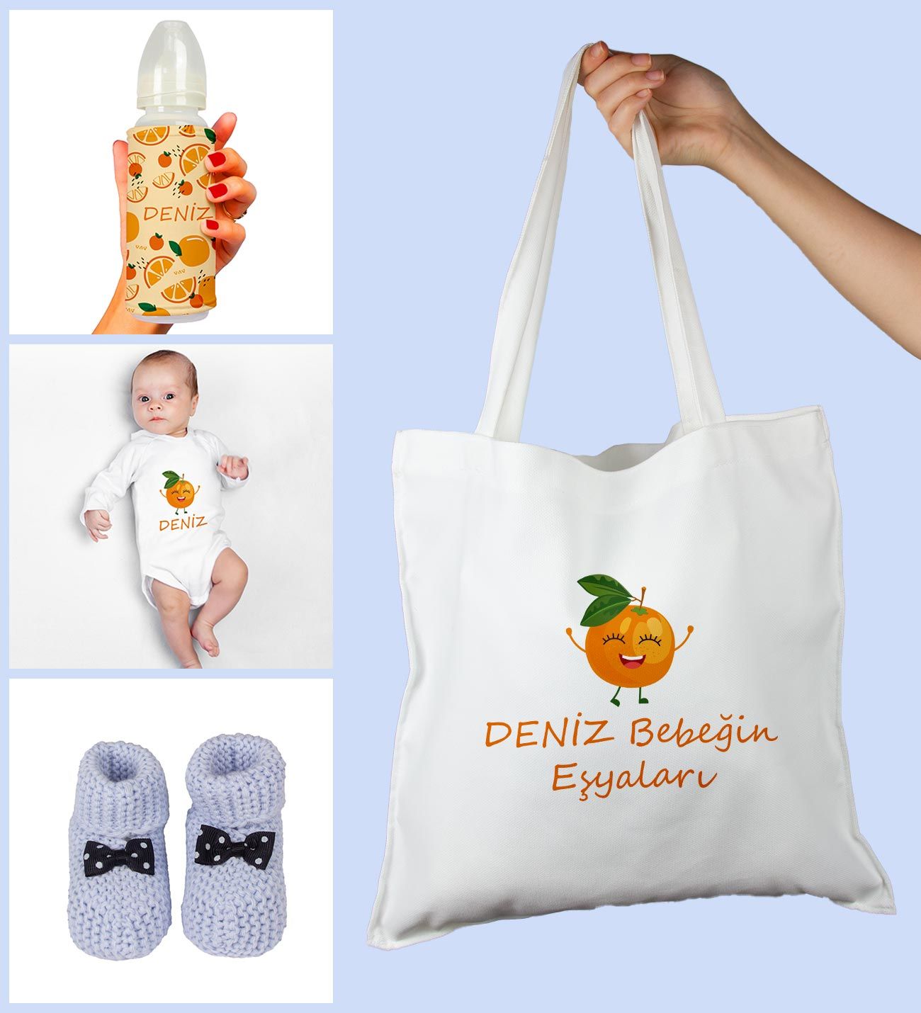 eJOYA Bebeklere Özel Çantasında Kişiye Özel Zıbın Biberon Ve Patik Bebek Hediye Seti 109802