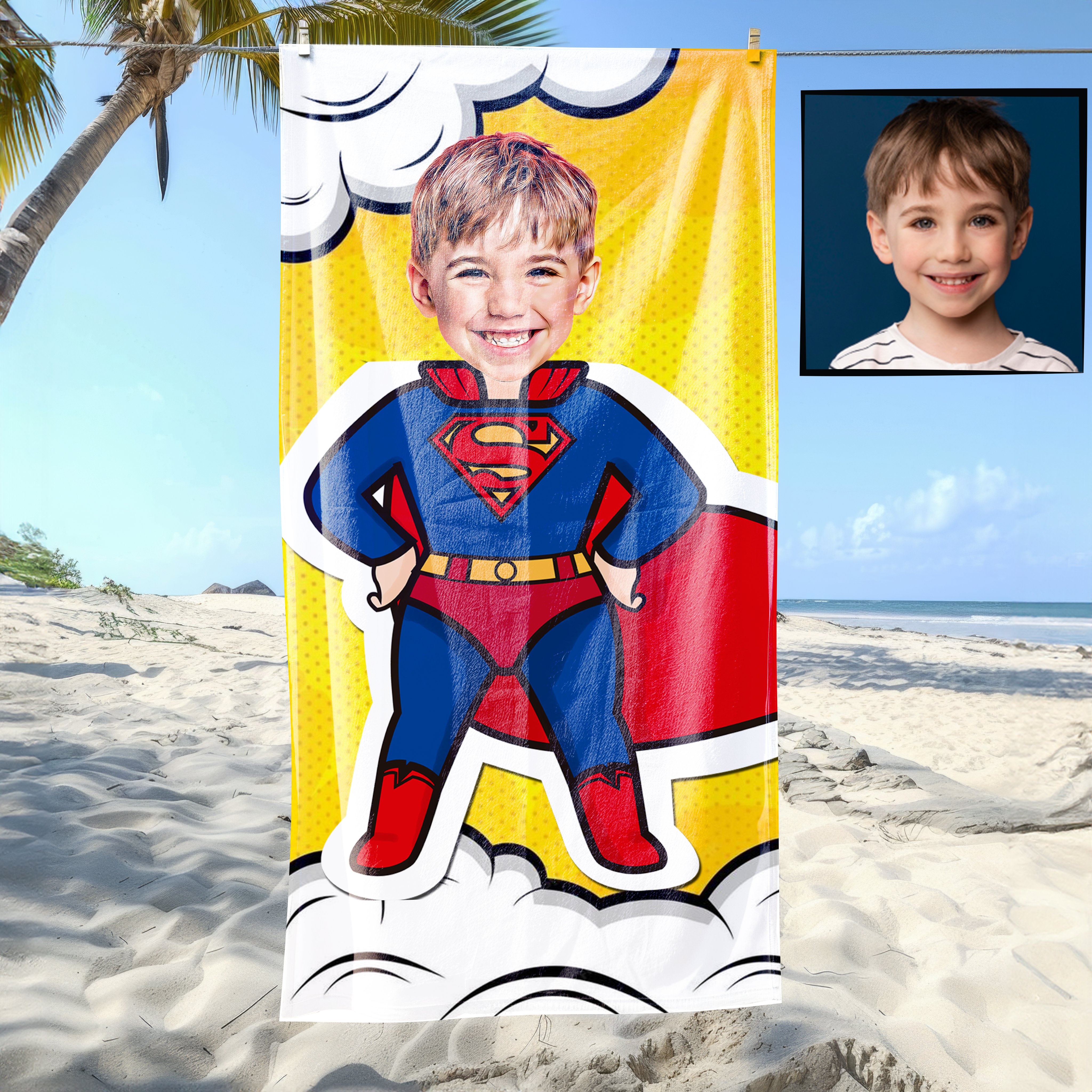 eJOYA Kişiye Özel Karikatür Fotoğraflı Süper Kahraman Bebek Plaj ve Banyo Havlusu 115800