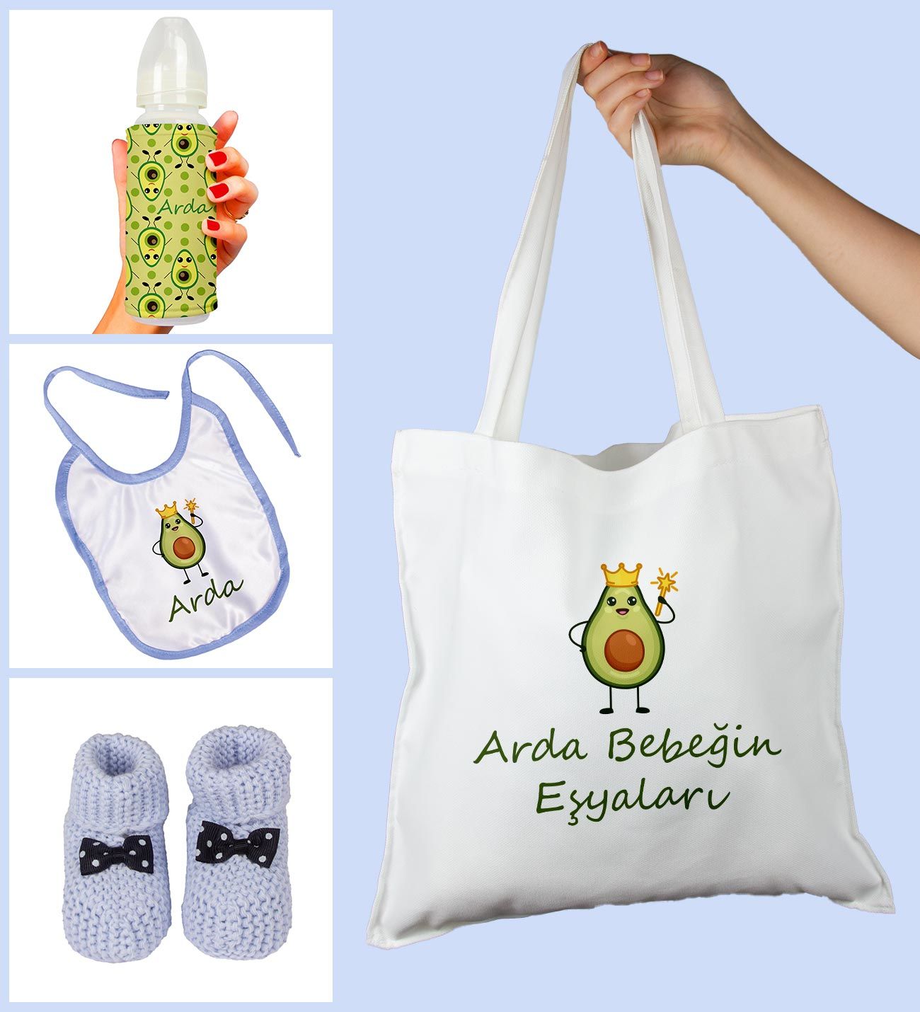 eJOYA Bebeklere Özel Çantasında Kişiye Özel Biberon Önlük Ve Patik Bebek Hediye Seti 109806